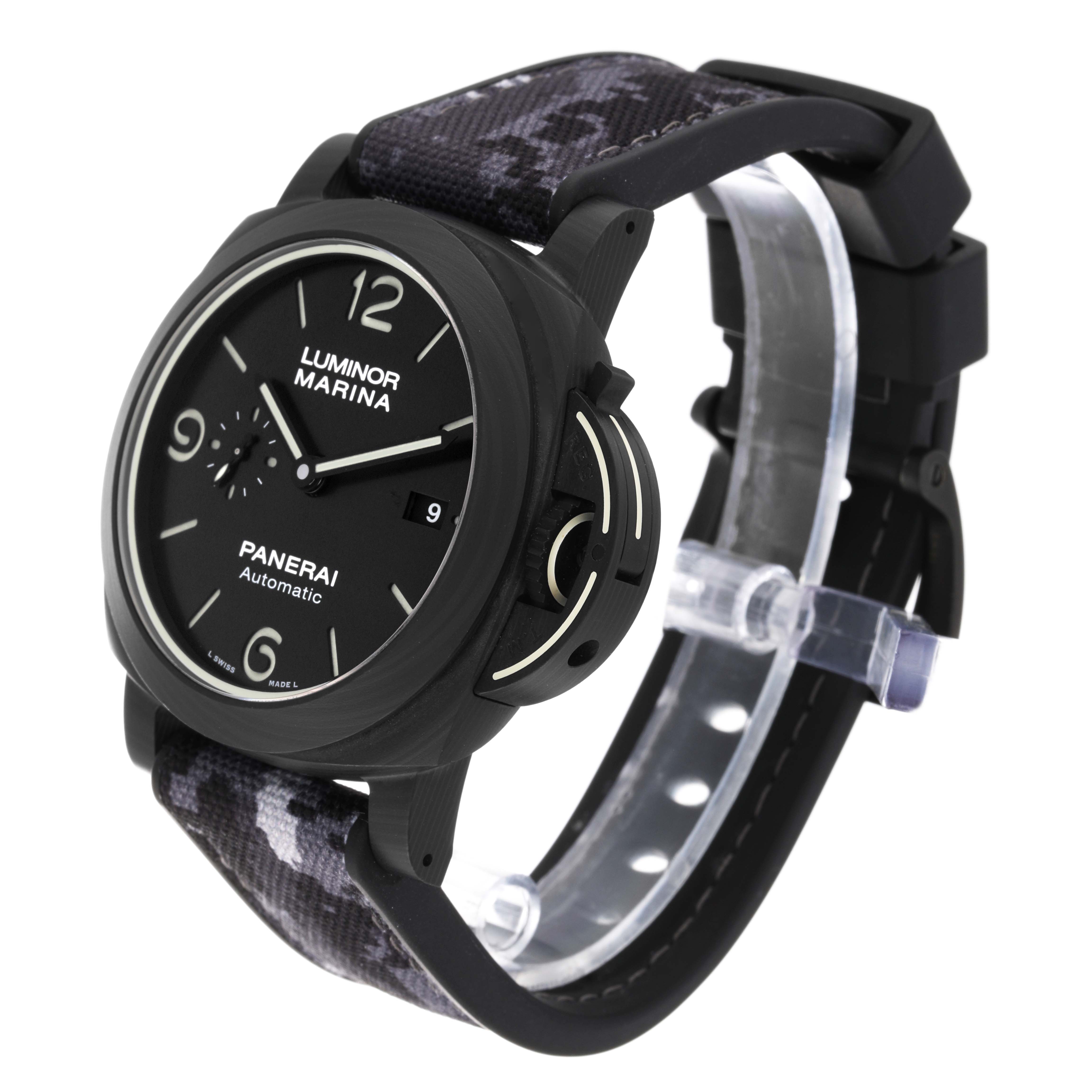 The Panerai Luminor PAM01118 Men's Titanium Black Dial PAM01118 Men's Titanium Black Dial Marina watch is shown at a three-quarter angle, highlighting its face, case, and camouflaged strap.