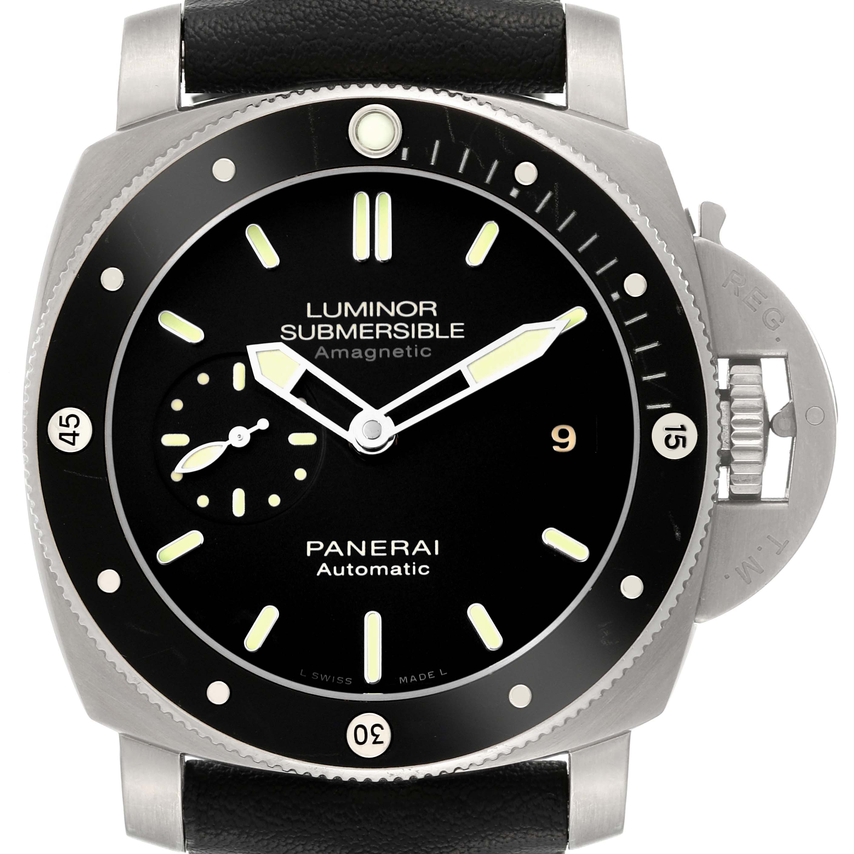 This image shows a front view of a Panerai Luminor Submersible watch, including the bezel, dial, hands, and part of the strap.
