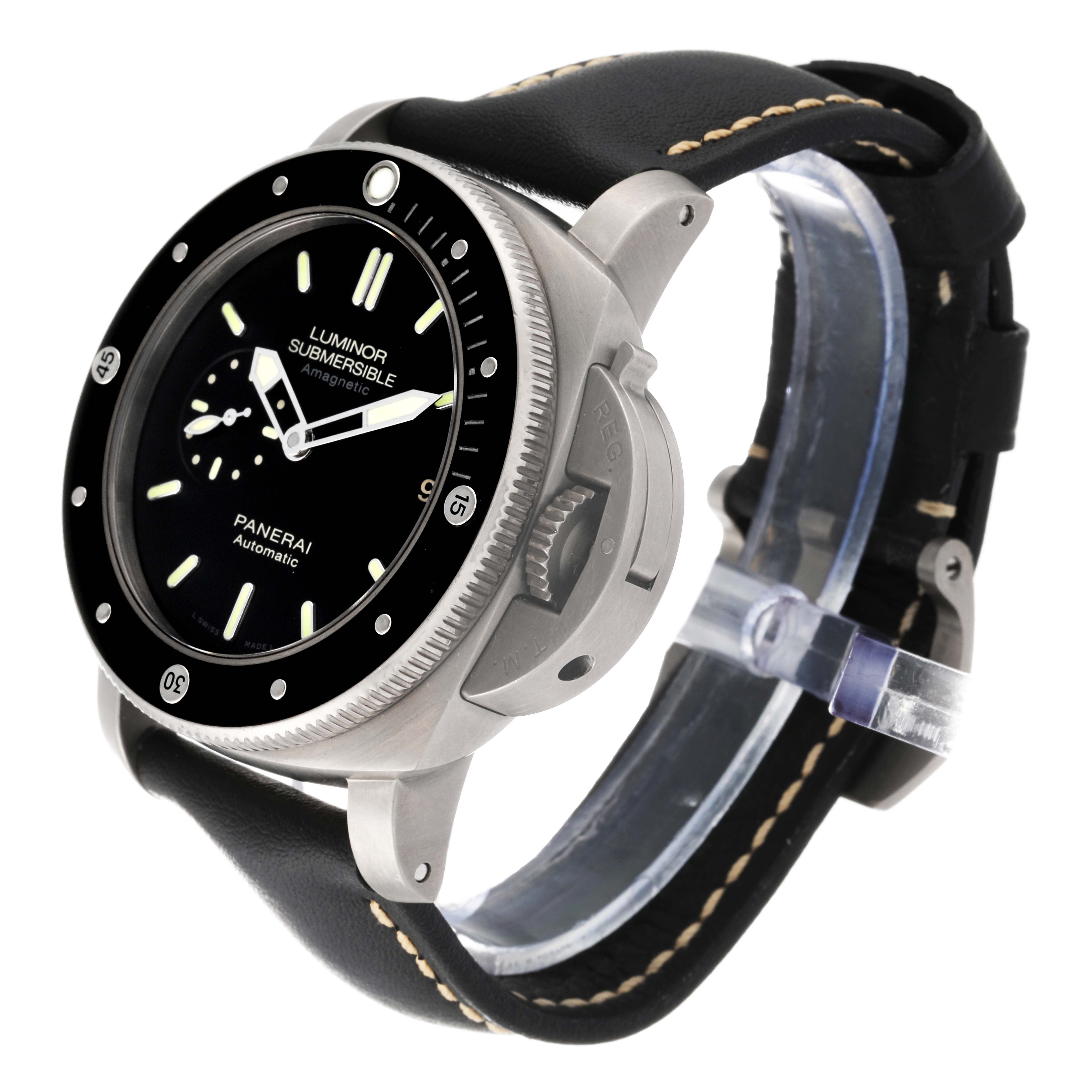 This image shows a Panerai Luminor Submersible watch angled from the front-left, highlighting its black dial, bezel, and leather strap.