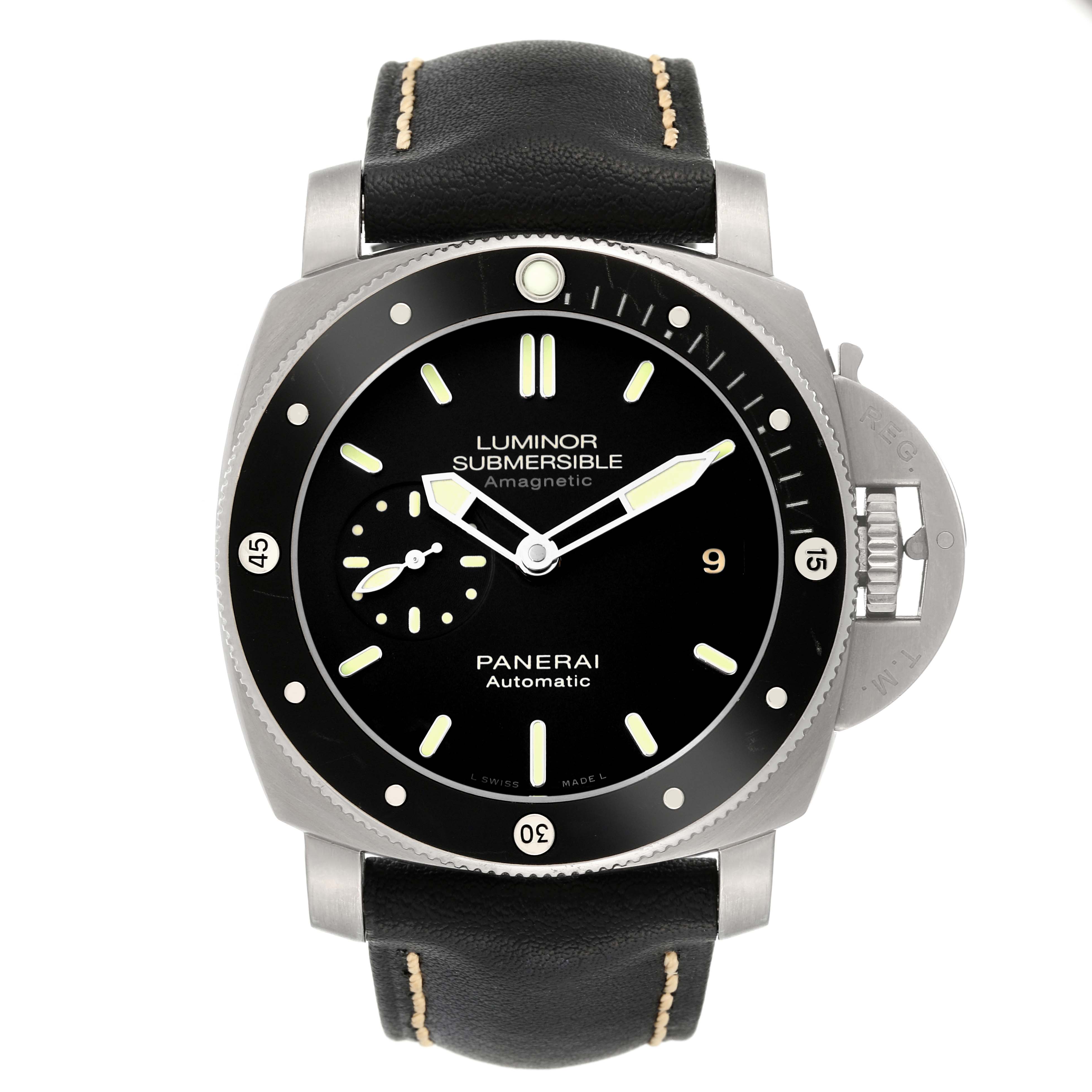 The image shows a front view of the Panerai Submersible PAM00389 Men's Titanium Black Dial PAM00389 Men's Titanium Black Dial watch, displaying its dial, bezel, and black leather strap.