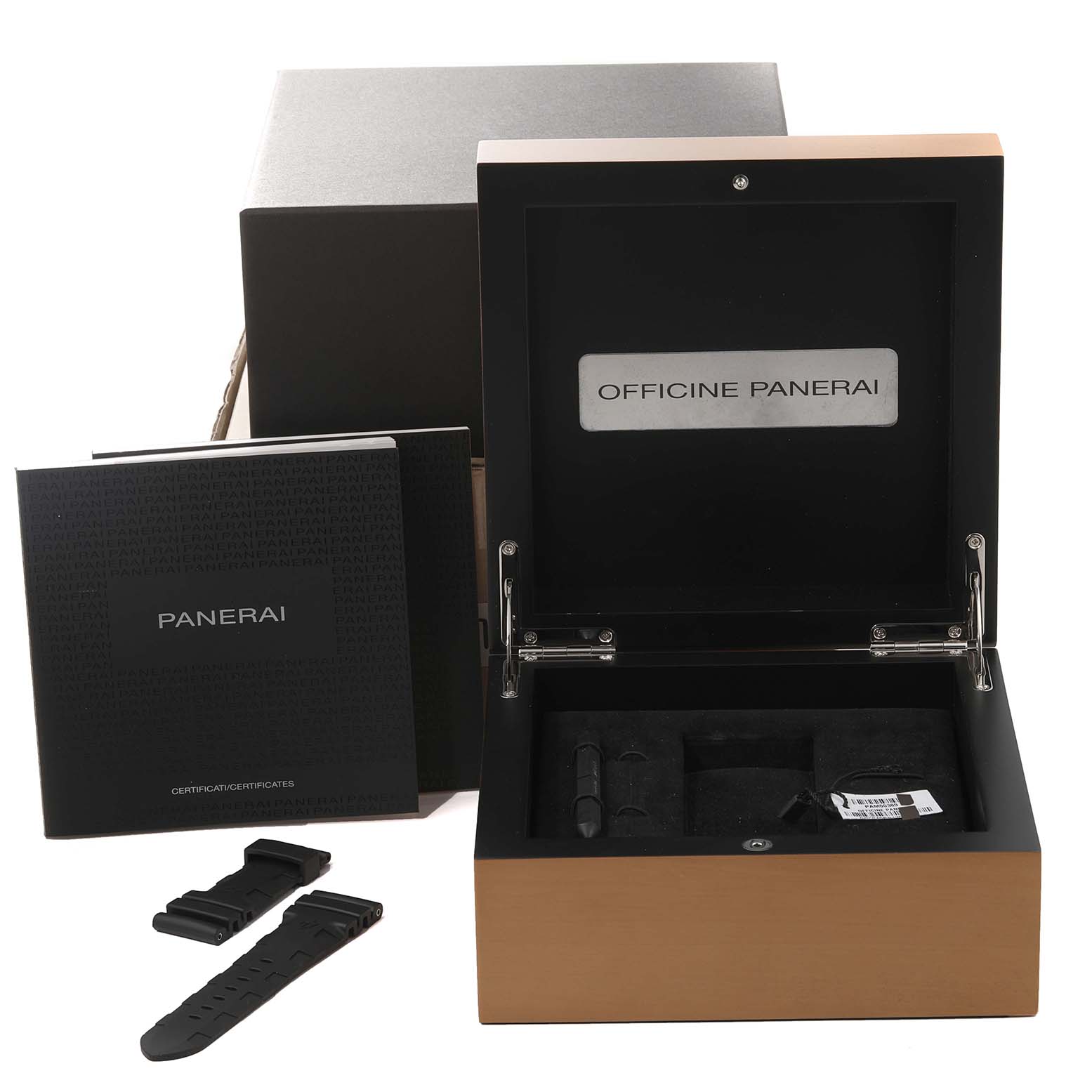 The image shows an open Panerai Submersible PAM00389 Men's Titanium Black Dial PAM00389 Men's Titanium Black Dial watch box with extra straps, a screwdriver, and manuals viewed from the front.