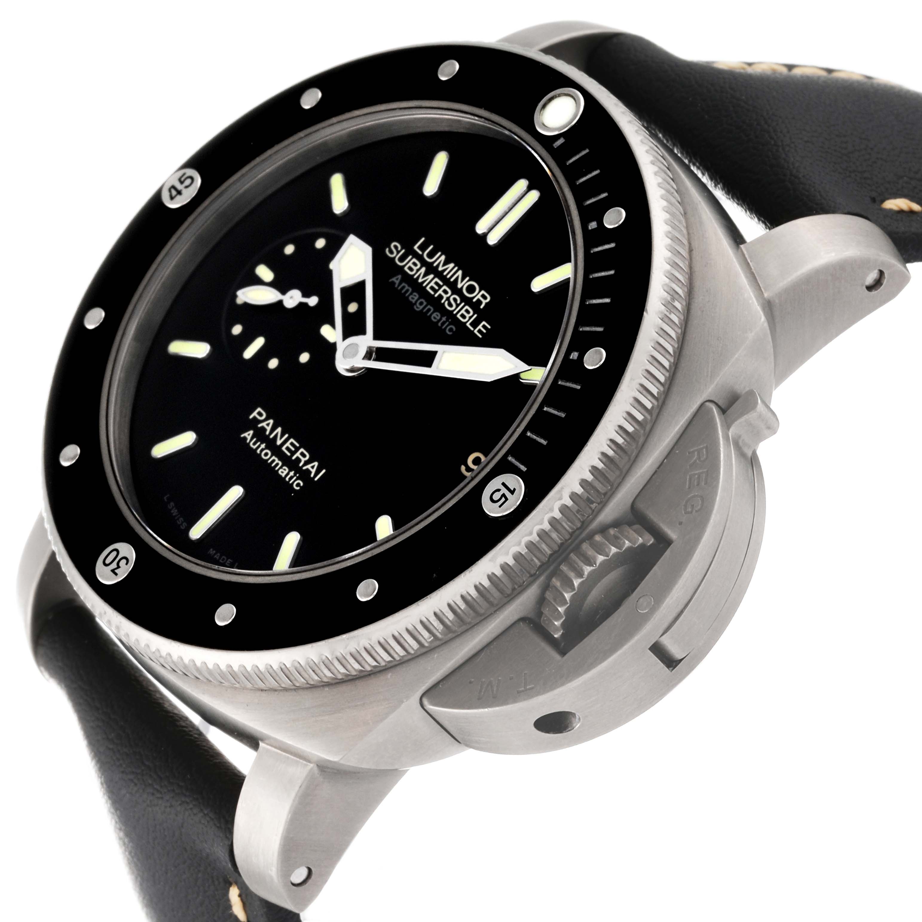 The Panerai Submersible PAM00389 Men's Titanium Black Dial PAM00389 Men's Titanium Black Dial watch is shown at a front angle highlighting the dial, bezel, and crown guard.