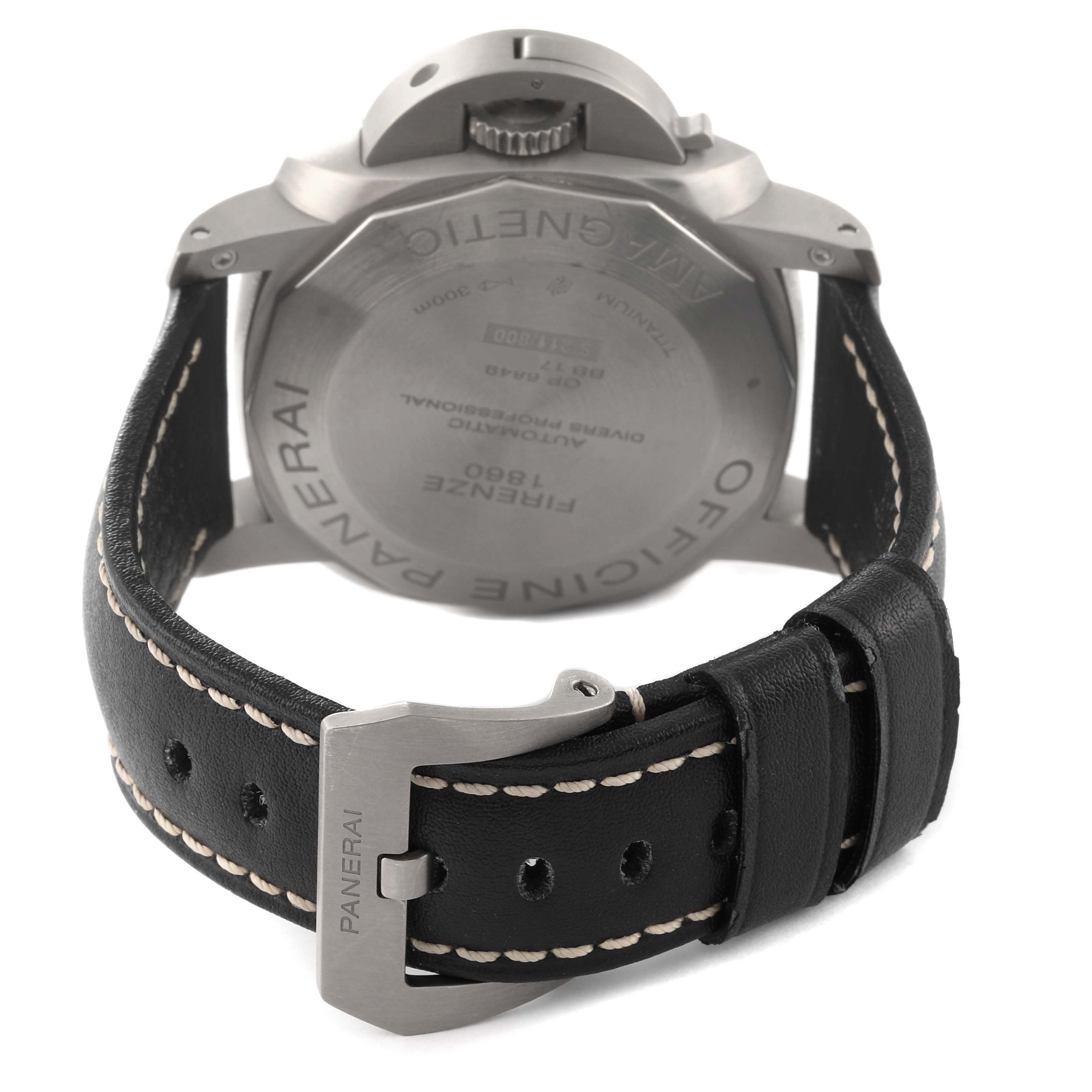 The image shows the back view of a Panerai Submersible PAM00389 Men's Titanium Black Dial PAM00389 Men's Titanium Black Dial watch, focusing on the case back and leather strap with a buckle.
