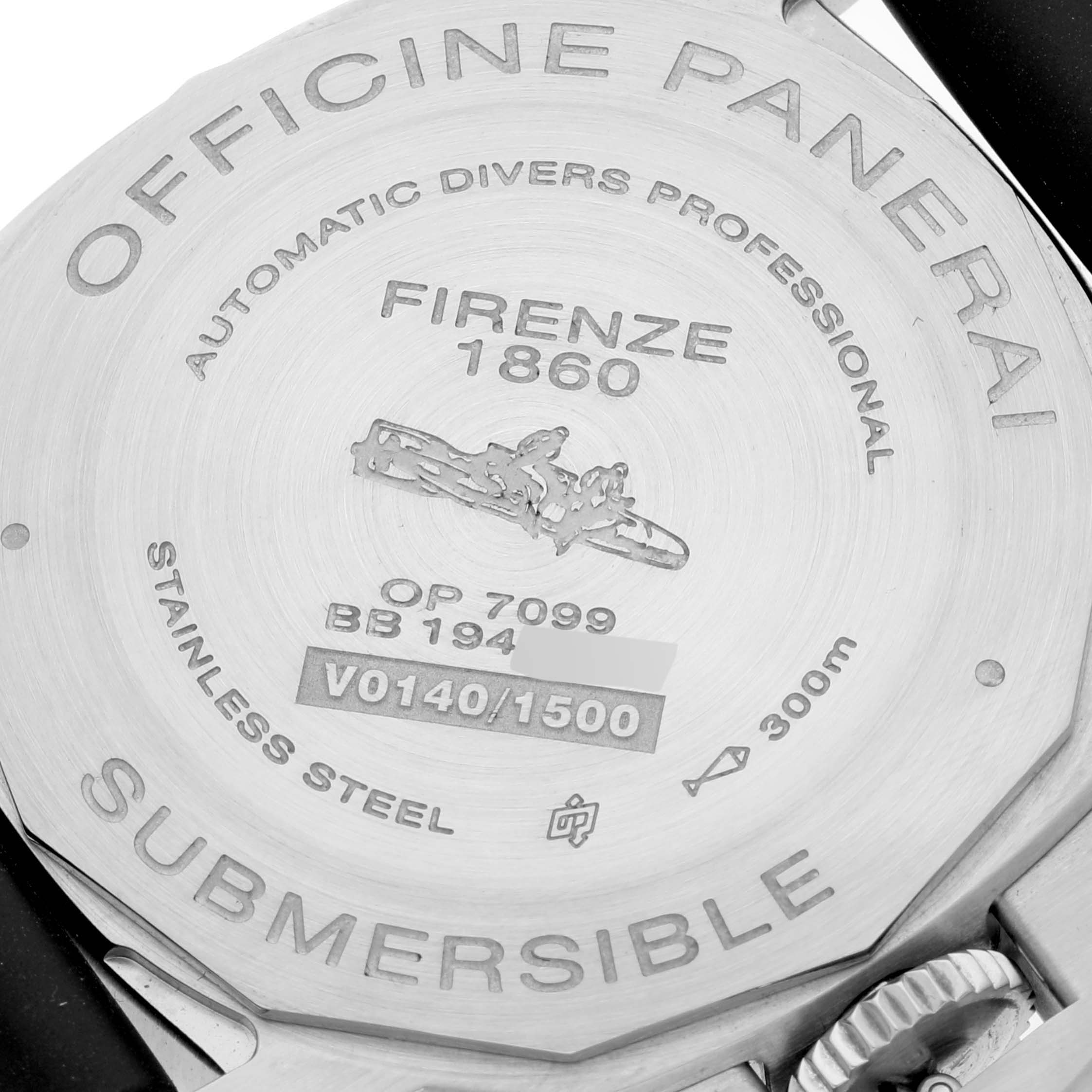 The image shows the case back of a Panerai Submersible PAM00683 Men's Stainless Steel Black Dial PAM00683 Men's Stainless Steel Black Dial watch, featuring engravings and specifications.