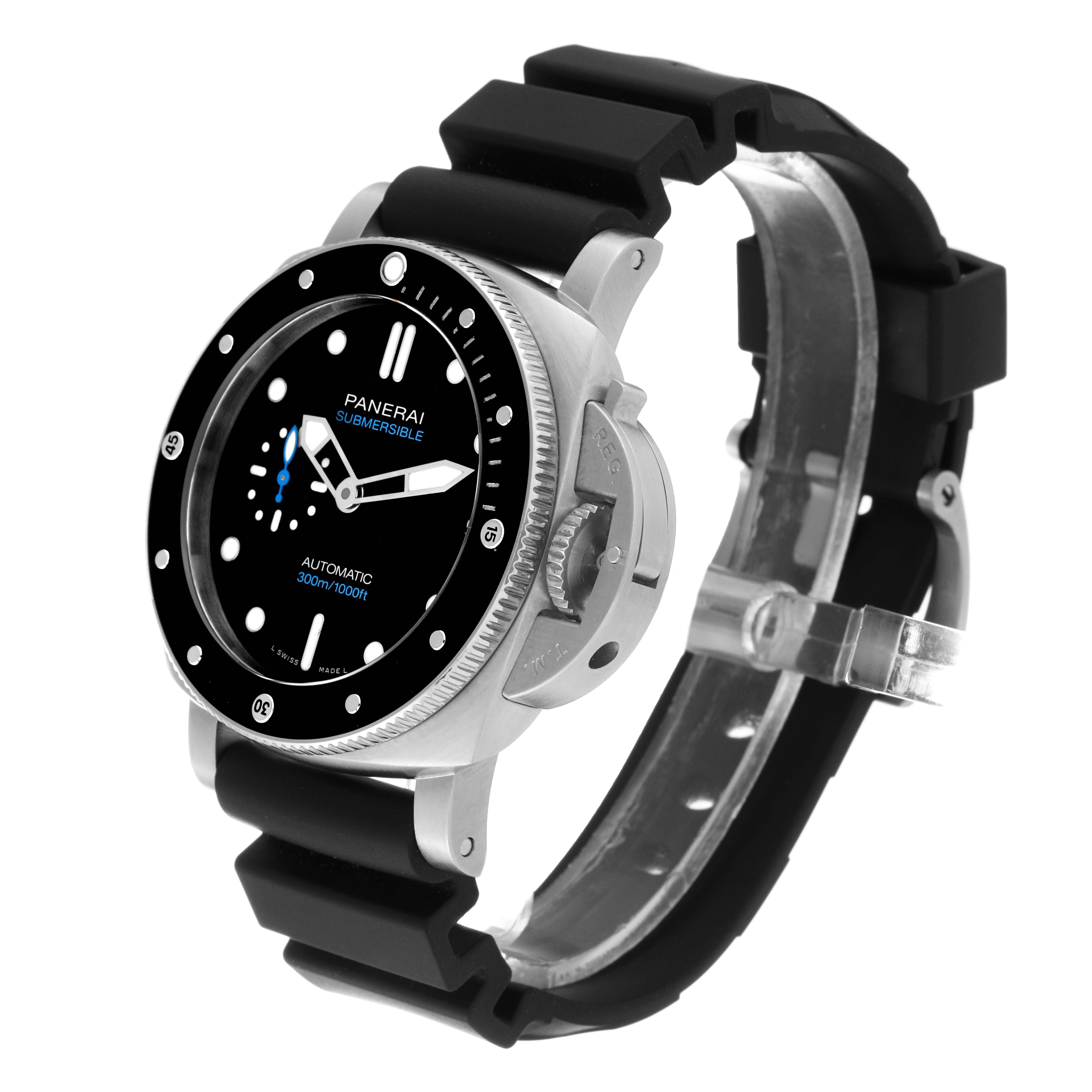 The image shows a Panerai Submersible PAM00683 Men's Stainless Steel Black Dial PAM00683 Men's Stainless Steel Black Dial watch at an angle highlighting its black dial, rotating bezel, and rubber strap.