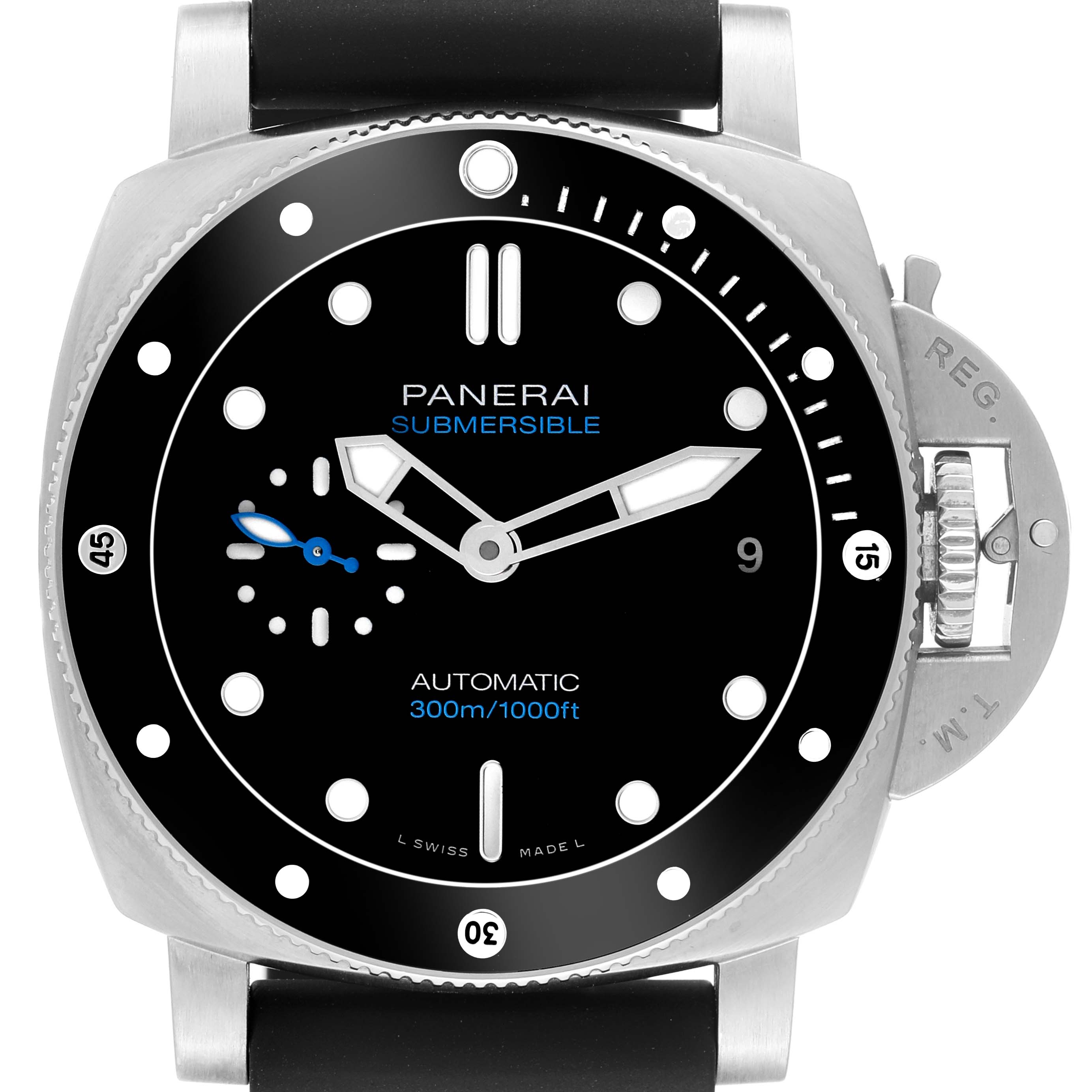 The image shows a front view of the Panerai Submersible PAM00683 Men's Stainless Steel Black Dial PAM00683 Men's Stainless Steel Black Dial watch, highlighting its dial, bezel, and crown protector.