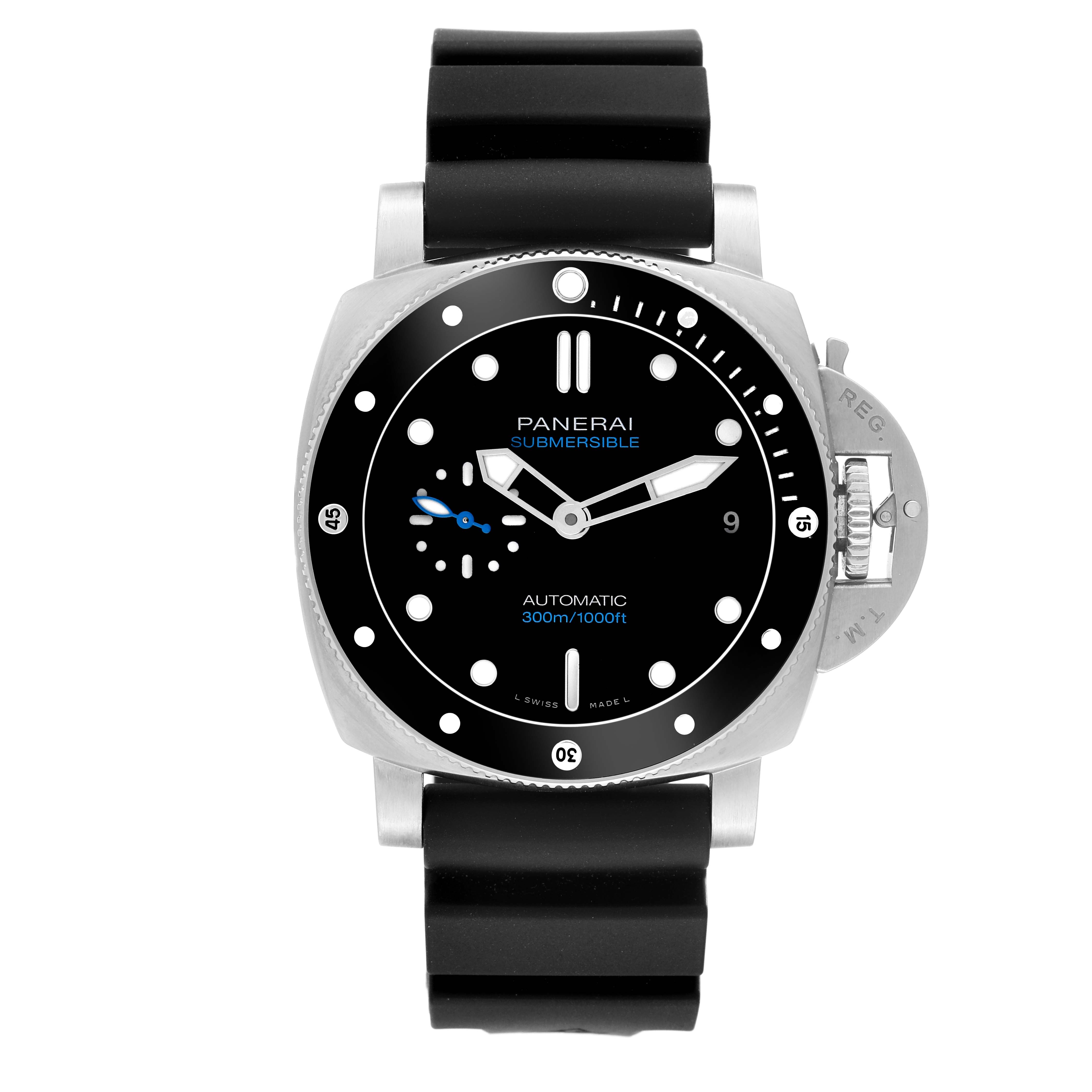 The image shows a front view of the Panerai Submersible PAM00683 Men's Stainless Steel Black Dial PAM00683 Men's Stainless Steel Black Dial watch, including its dial, bezel, and black strap.