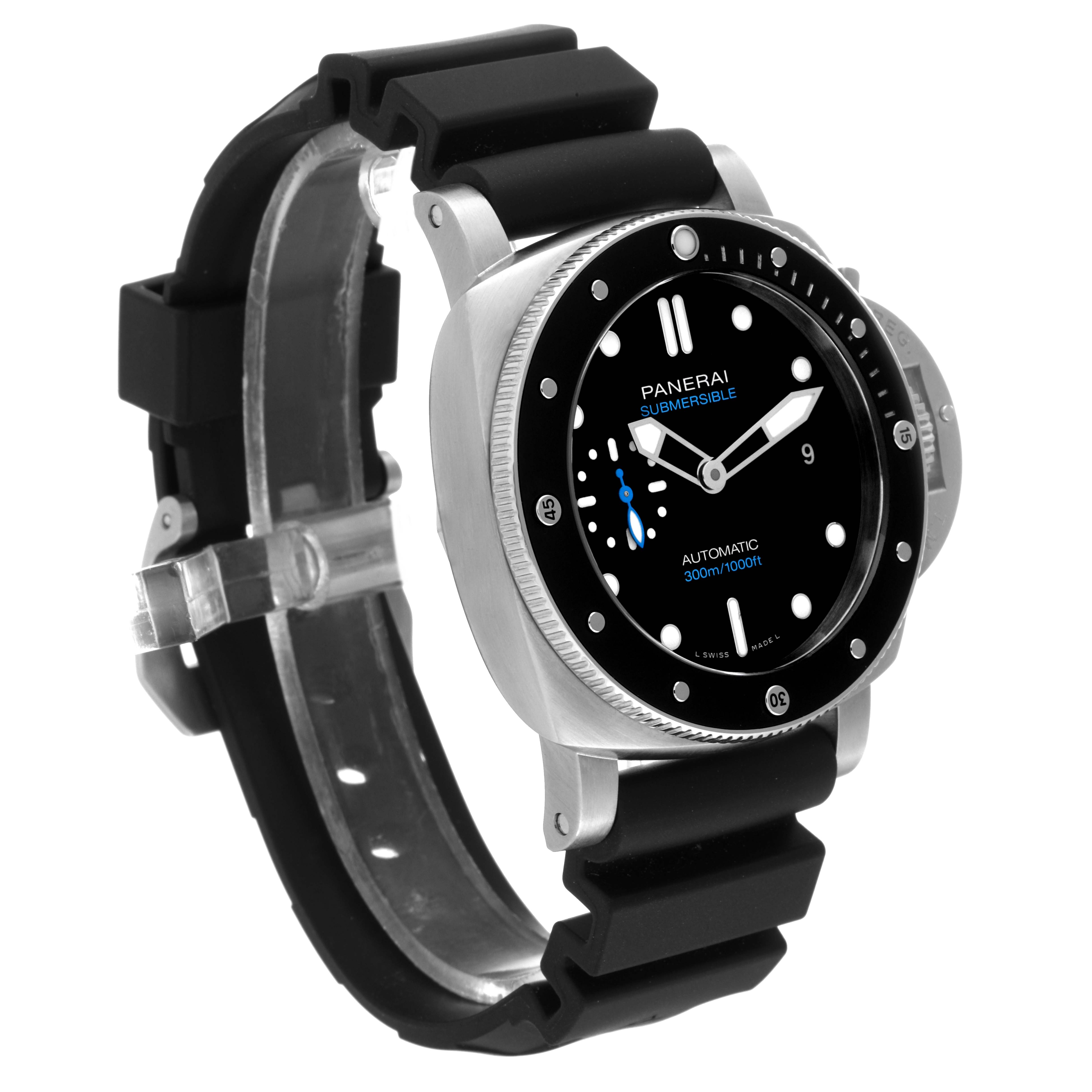 The image shows a side and angled front view of the Panerai Submersible PAM00683 Men's Stainless Steel Black Dial PAM00683 Men's Stainless Steel Black Dial model watch, highlighting the dial, bezel, and rubber strap.