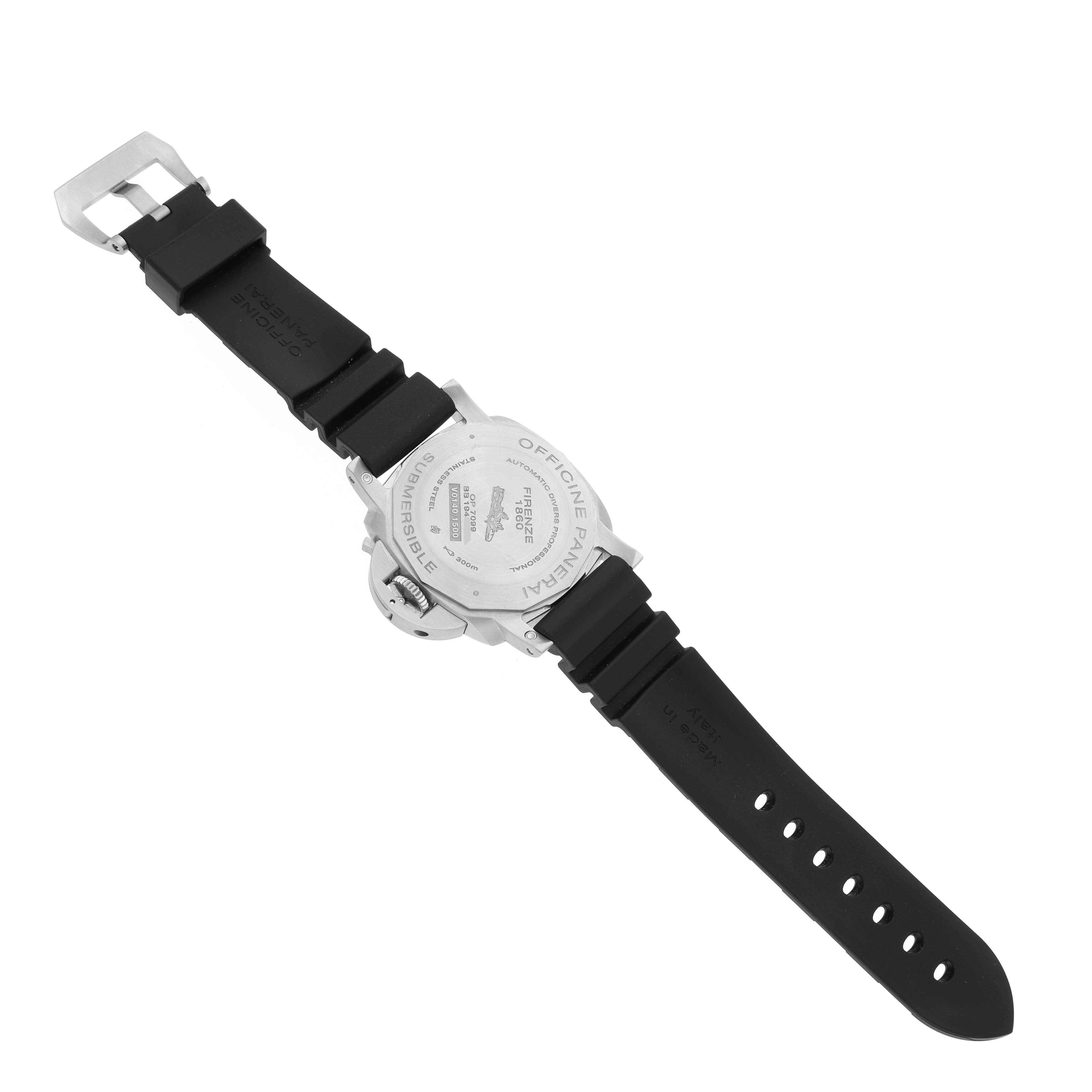 The image shows a Panerai Submersible PAM00683 Men's Stainless Steel Black Dial PAM00683 Men's Stainless Steel Black Dial watch from the back, highlighting its case back and black rubber strap.