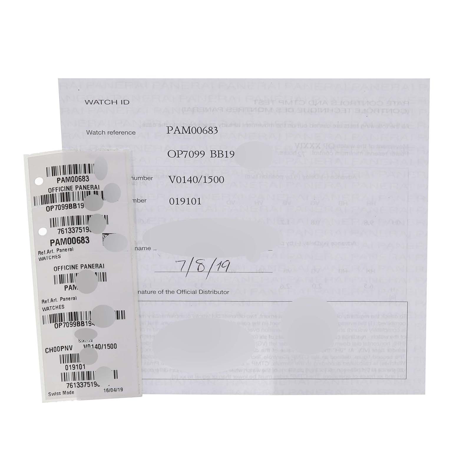 This image shows the warranty card and certification documents for the Panerai Submersible PAM00683 Men's Stainless Steel Black Dial PAM00683 Men's Stainless Steel Black Dial model PAM00683.