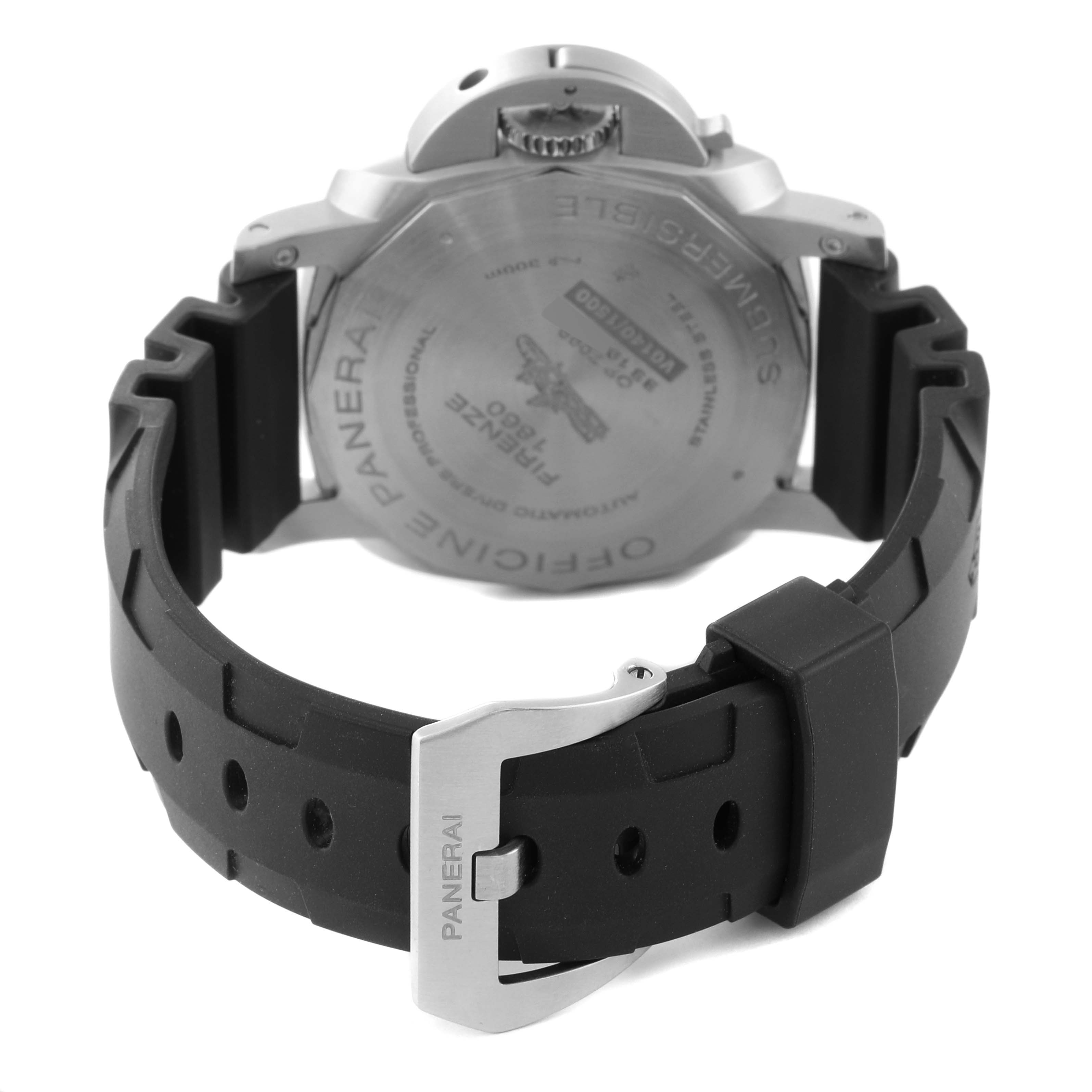 The image shows the back of a Panerai Submersible PAM00683 Men's Stainless Steel Black Dial PAM00683 Men's Stainless Steel Black Dial watch, highlighting the case back, rubber strap, and buckle.