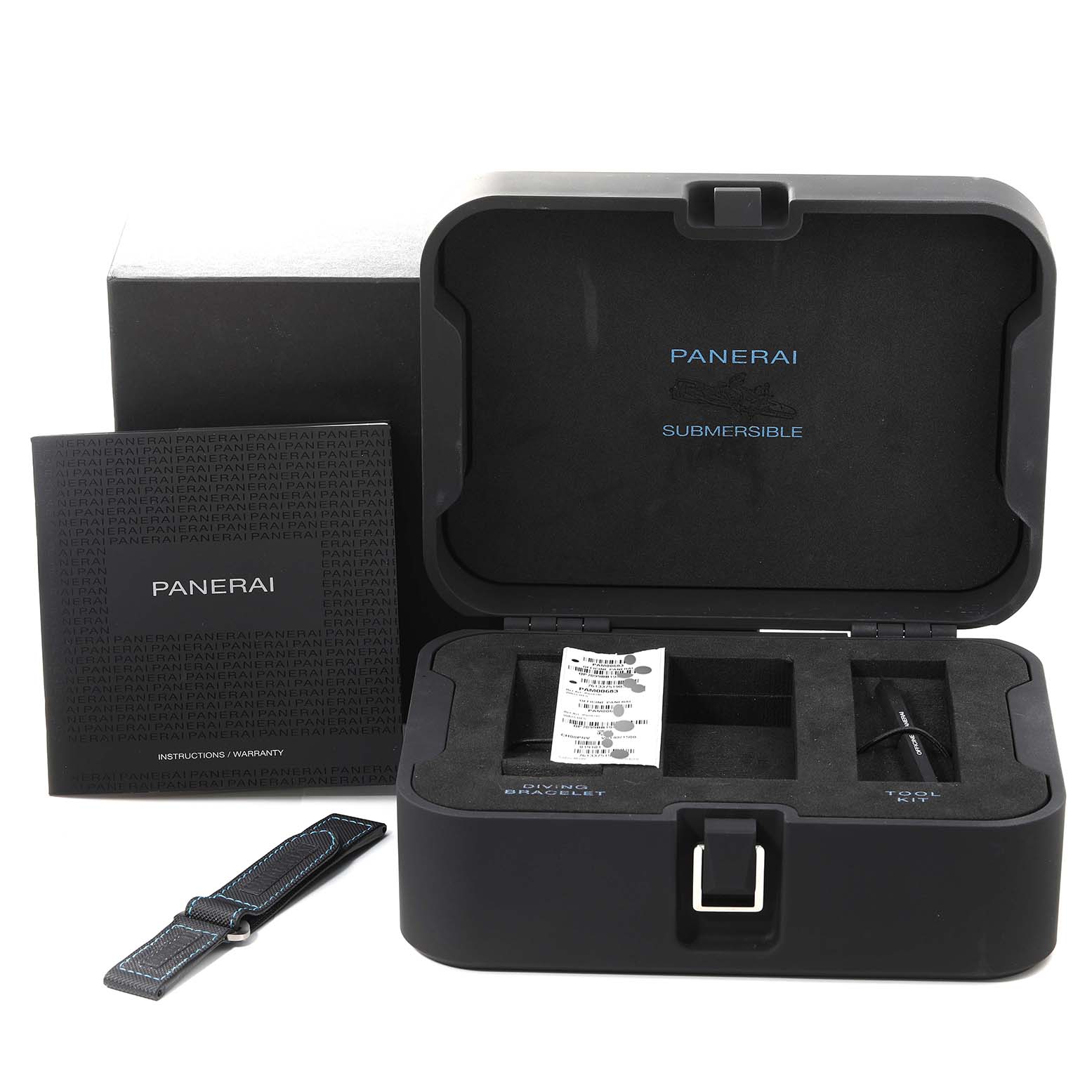 The image shows a Panerai Submersible PAM00683 Men's Stainless Steel Black Dial PAM00683 Men's Stainless Steel Black Dial watch box, an instruction manual, and additional watch straps.
