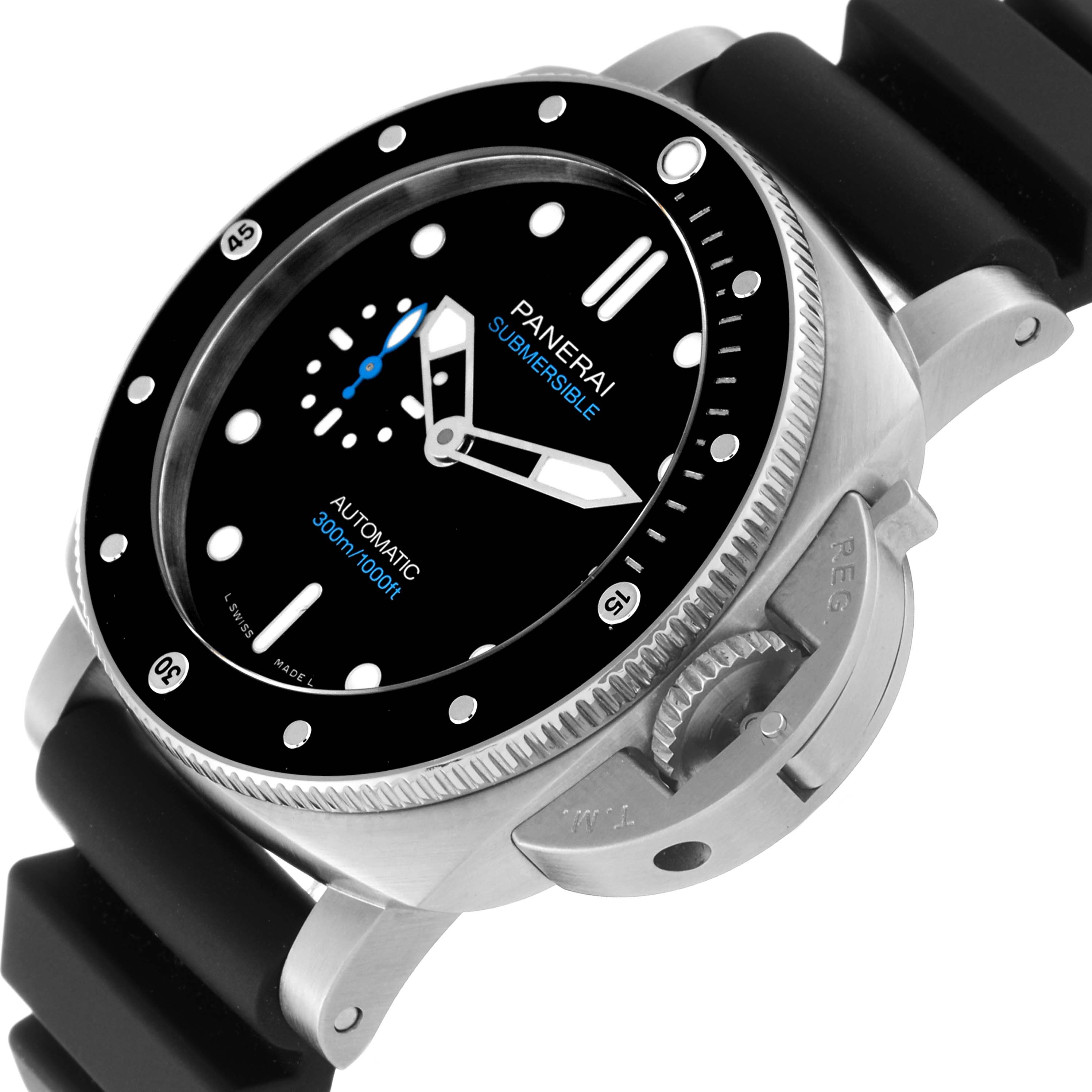 The Panerai Submersible PAM00683 Men's Stainless Steel Black Dial PAM00683 Men's Stainless Steel Black Dial watch is shown at a slight angle, highlighting its bezel, dial, crown protector, and strap.