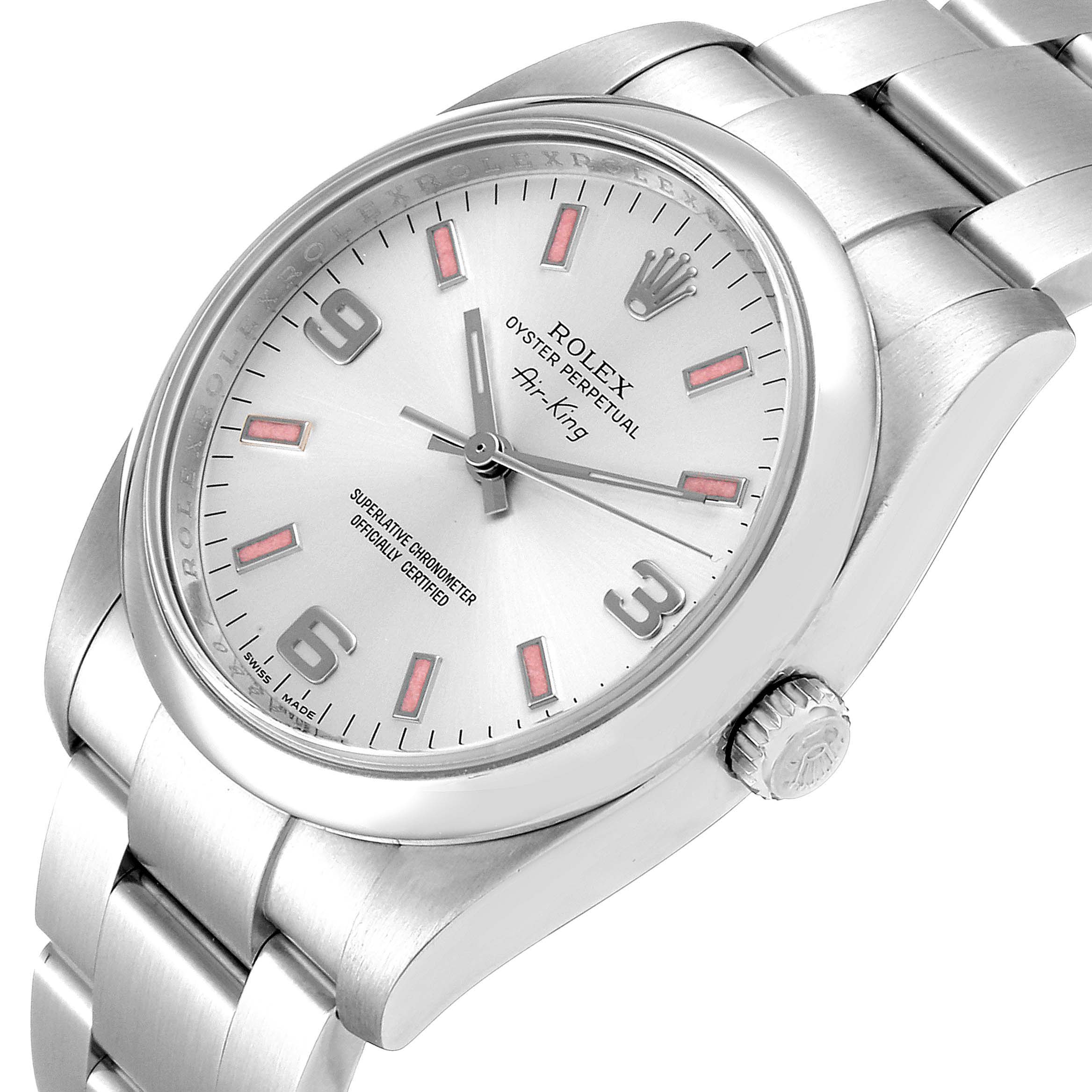 The image shows a Rolex Air-King 114200 Men's Stainless Steel Silver Dial 114200 Men's Stainless Steel Silver Dial watch at an angled top-view, displaying the dial, case, and partial bracelet.