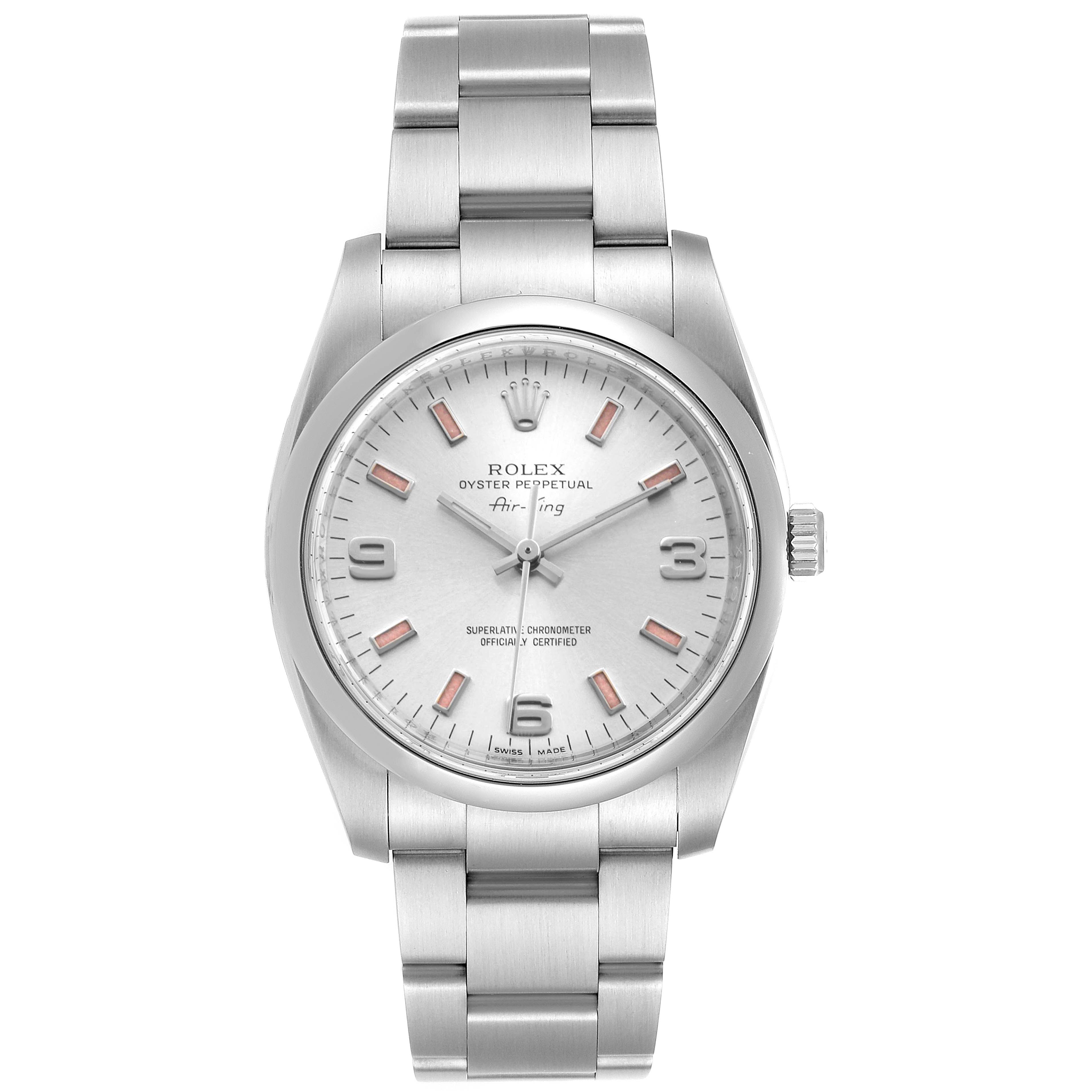 The image shows a straight-on view of a Rolex Air-King 114200 Men's Stainless Steel Silver Dial 114200 Men's Stainless Steel Silver Dial watch, highlighting the dial, bezel, case, bracelet, and crown.