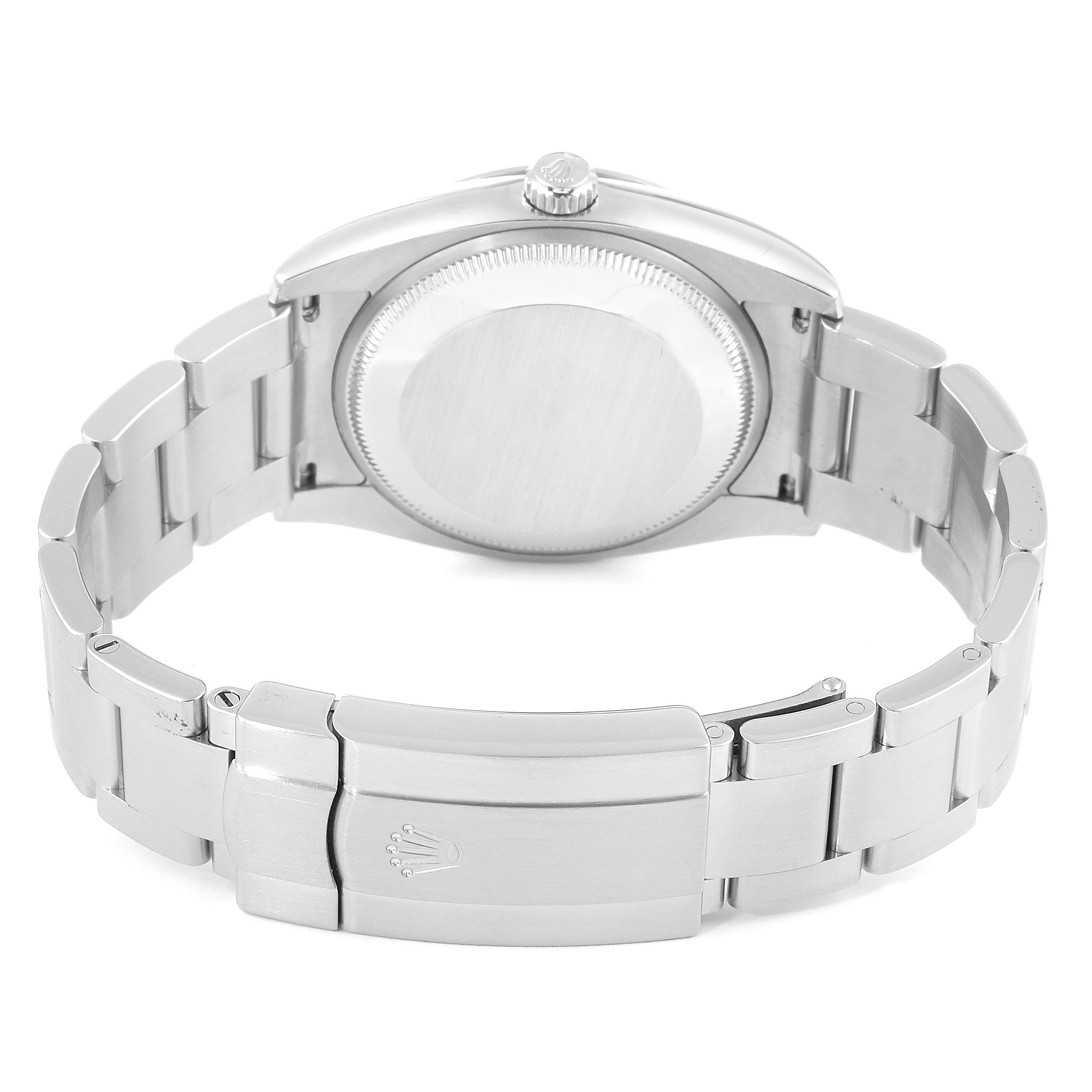 The image shows the back case and bracelet of the Rolex Air-King 114200 Men's Stainless Steel Silver Dial 114200 Men's Stainless Steel Silver Dial watch from a rear angle.