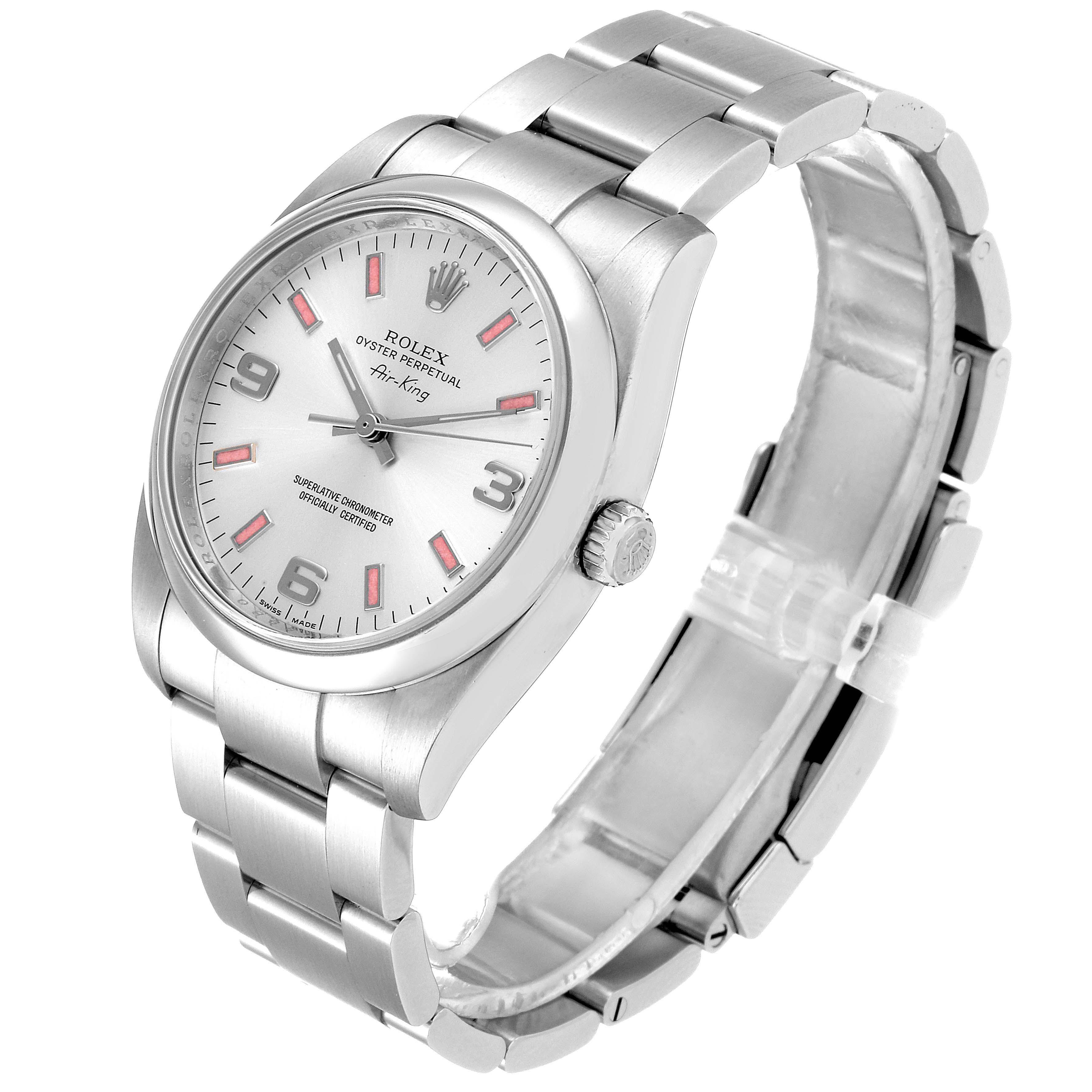 This image shows a side-angle view of a Rolex Air-King 114200 Men's Stainless Steel Silver Dial 114200 Men's Stainless Steel Silver Dial watch, displaying the face, bracelet, and crown.