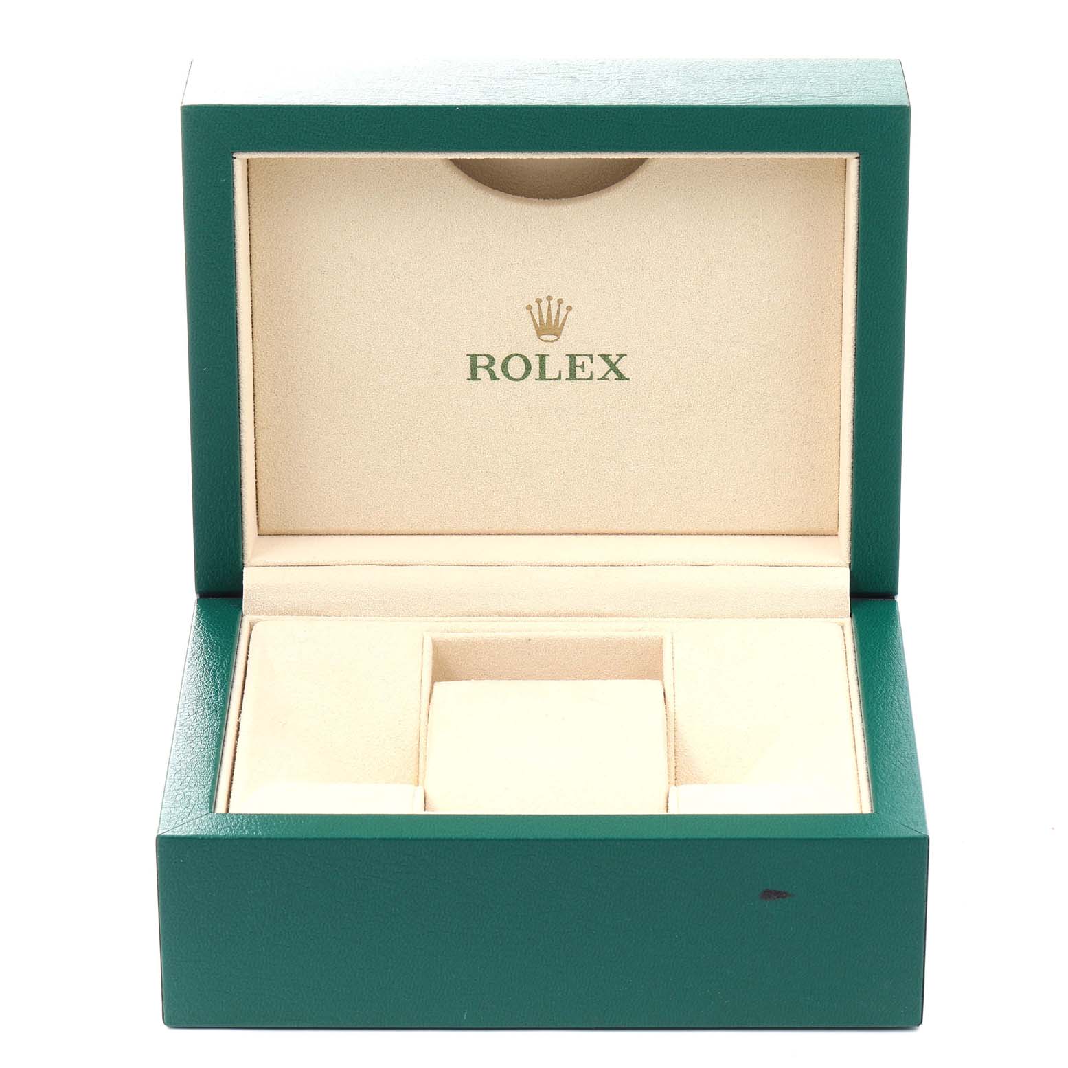 The image shows an open green and beige Rolex watch box, likely for the Air-King model, from a front angle.