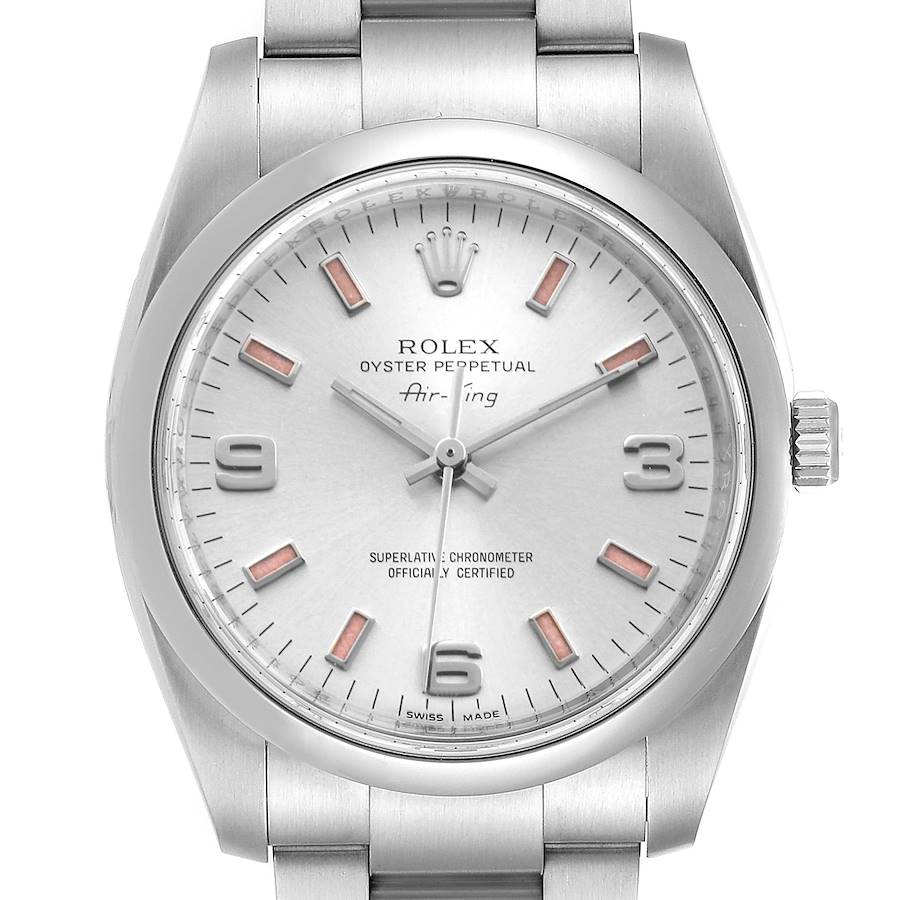 Rolex Air King 34 Silver Dial Pink Baton Hour Markers Steel Watch 114200 SwissWatchExpo
