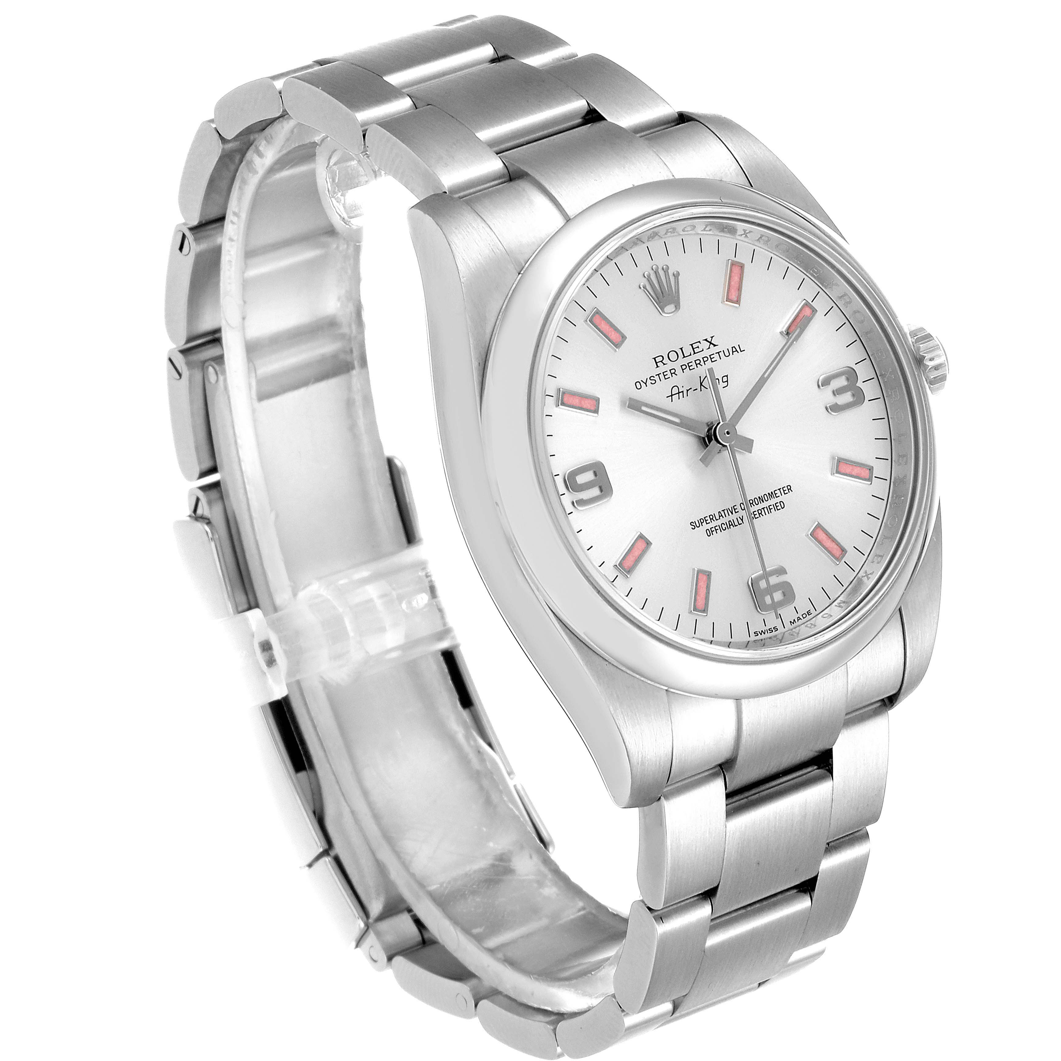 The image shows a Rolex Air-King 114200 Men's Stainless Steel Silver Dial 114200 Men's Stainless Steel Silver Dial watch at a three-quarter angle, focusing on the dial, bezel, and bracelet.