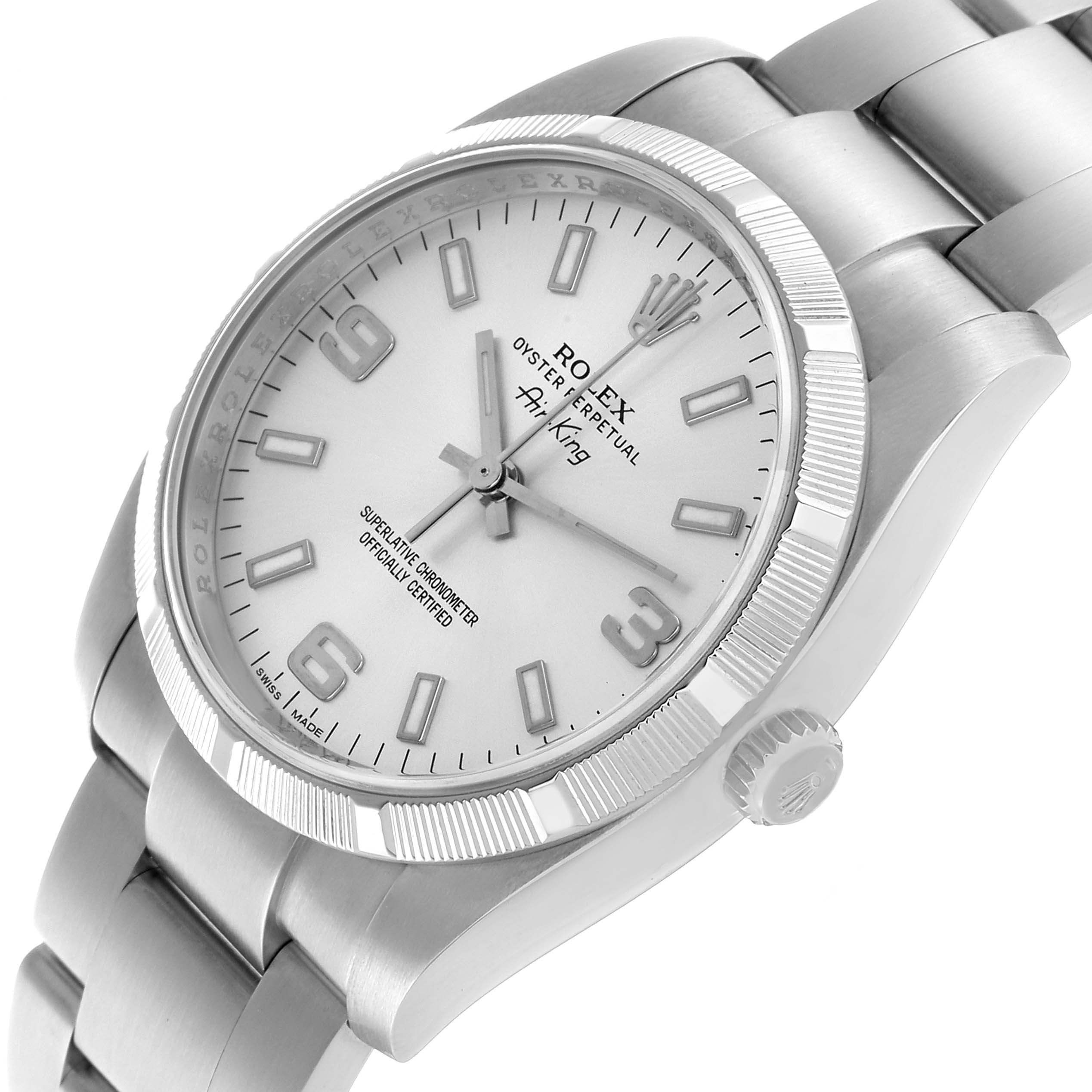 The Rolex Air-King 114210 Men's Stainless Steel Silver Dial watch is shown at a slight angle, highlighting the white dial, bezel, crown, and part of the bracelet.