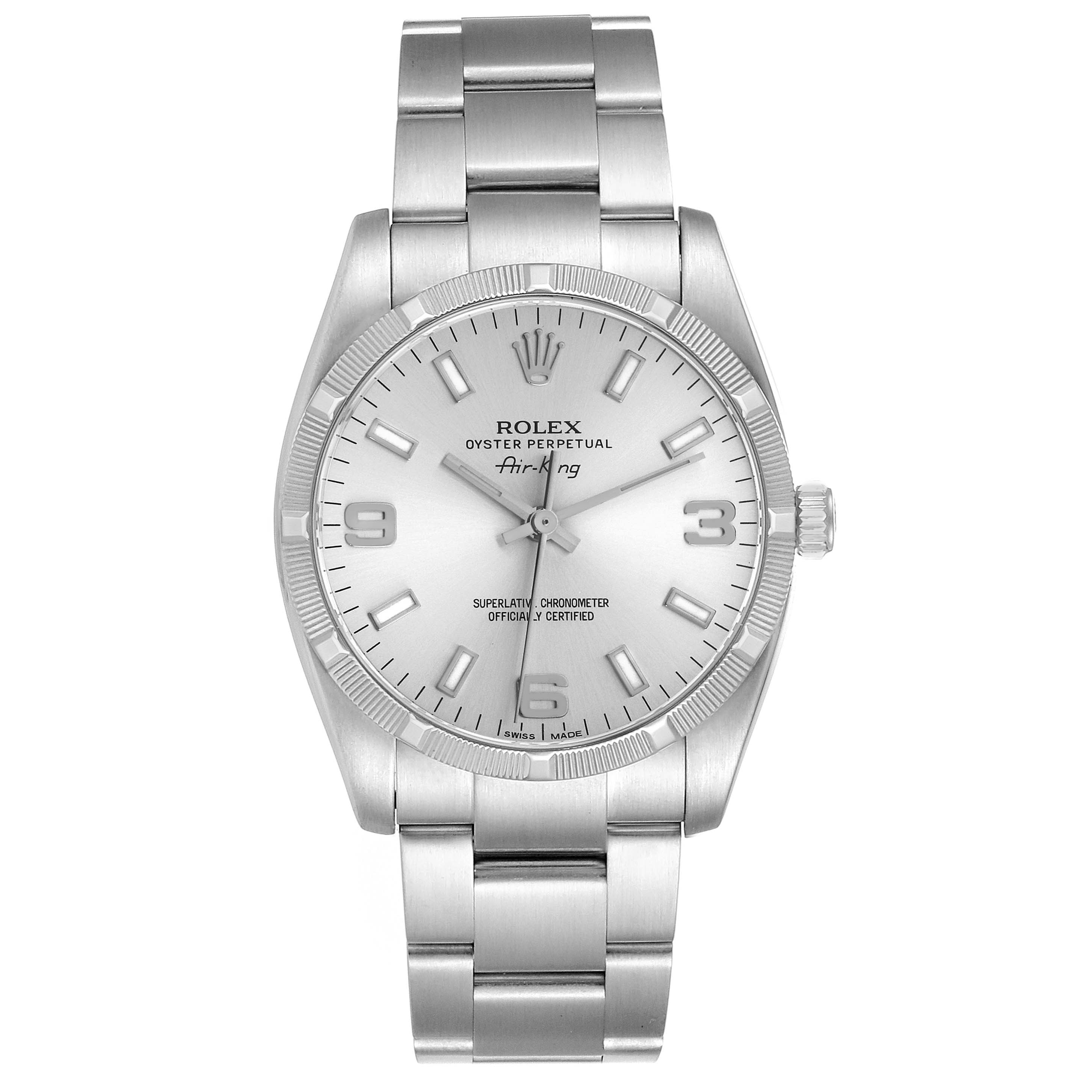 The Rolex Air-King 114210 Men's Stainless Steel Silver Dial watch is shown from a front angle, highlighting its dial, bezel, and bracelet.