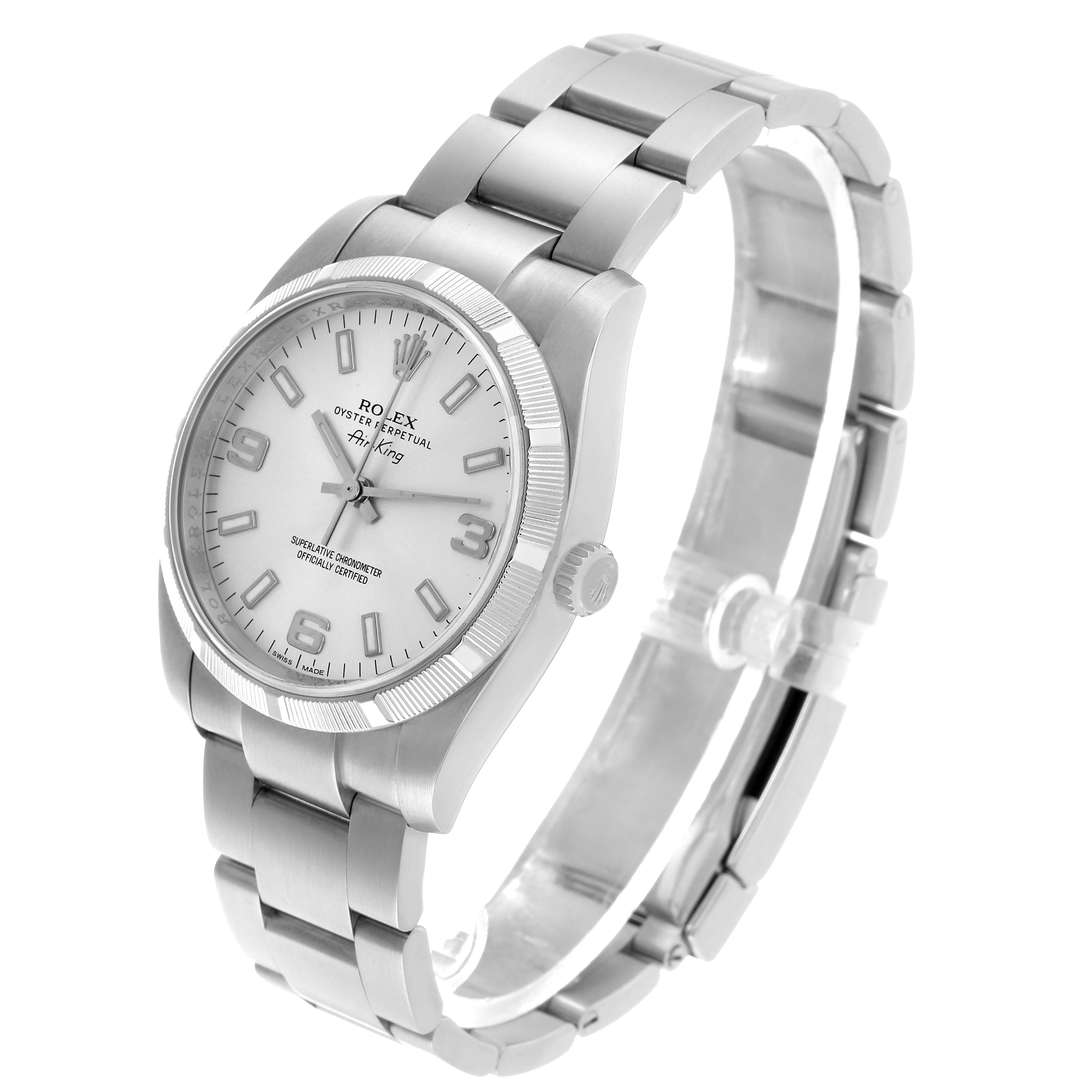 The Rolex Air-King 114210 Men's Stainless Steel Silver Dial watch is shown at a three-quarter angle, highlighting the dial, bezel, crown, and bracelet.