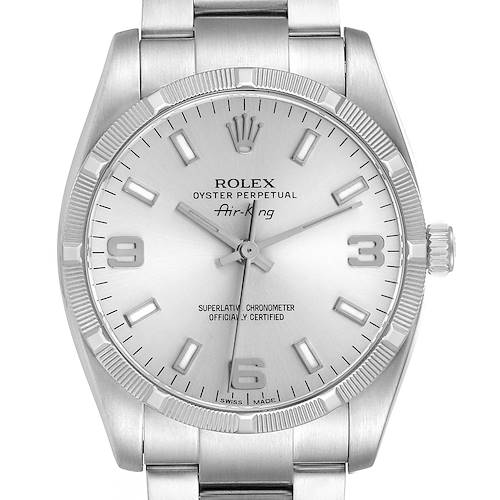 The image shows a front view of the Rolex Air-King 114210 Men's Stainless Steel Silver Dial watch, highlighting the dial, bezel, indices, hands, crown, and bracelet.