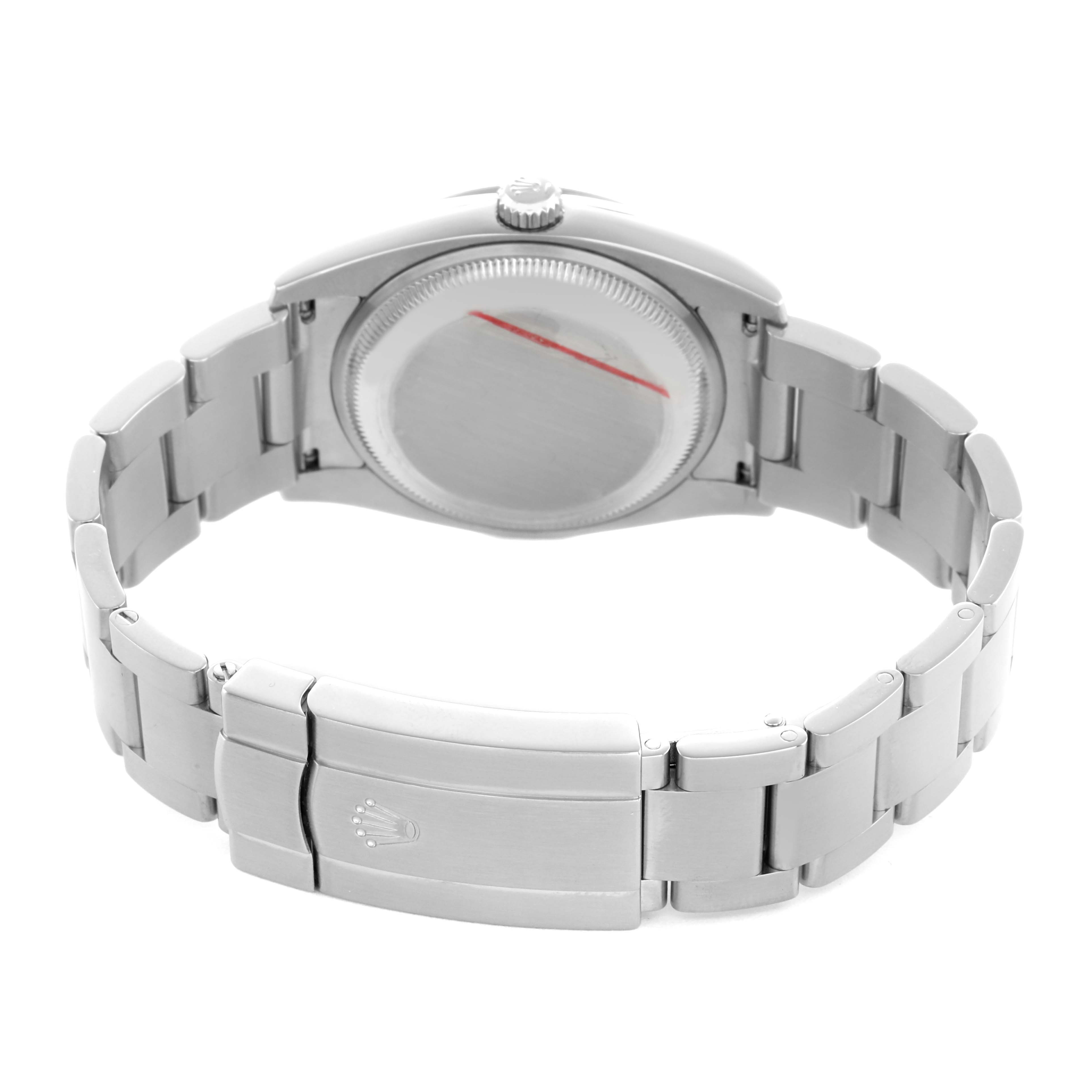 The image shows the back and bracelet of a Rolex Air-King 114210 Men's Stainless Steel Silver Dial watch at an angle highlighting the clasp and case back.