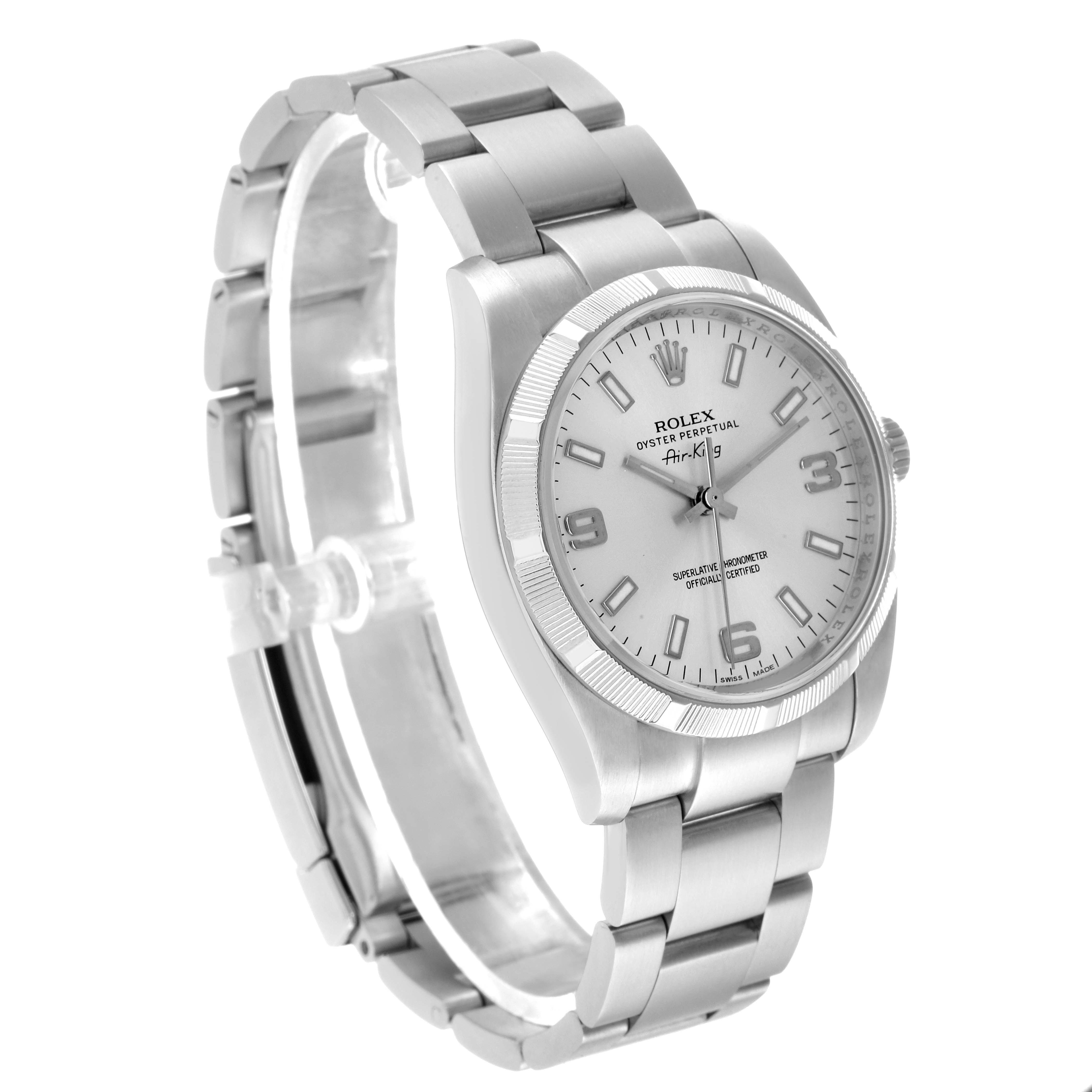 The Rolex Air-King 114210 Men's Stainless Steel Silver Dial watch is shown at a slight angle, highlighting the face, bezel, and part of the bracelet.