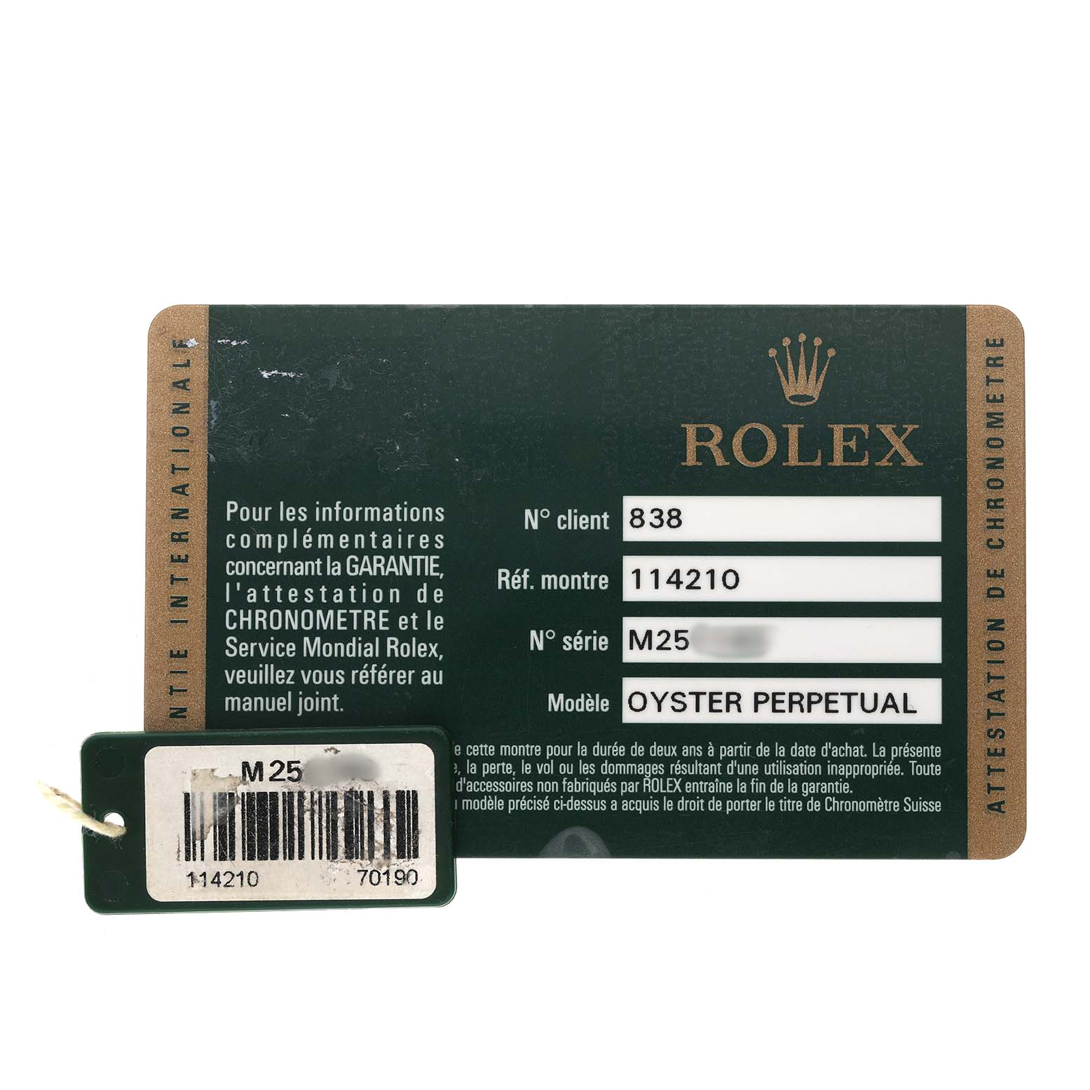 The image shows a warranty card and tag for a Rolex Air-King 114210 Men's Stainless Steel Silver Dial, featuring model and reference details.