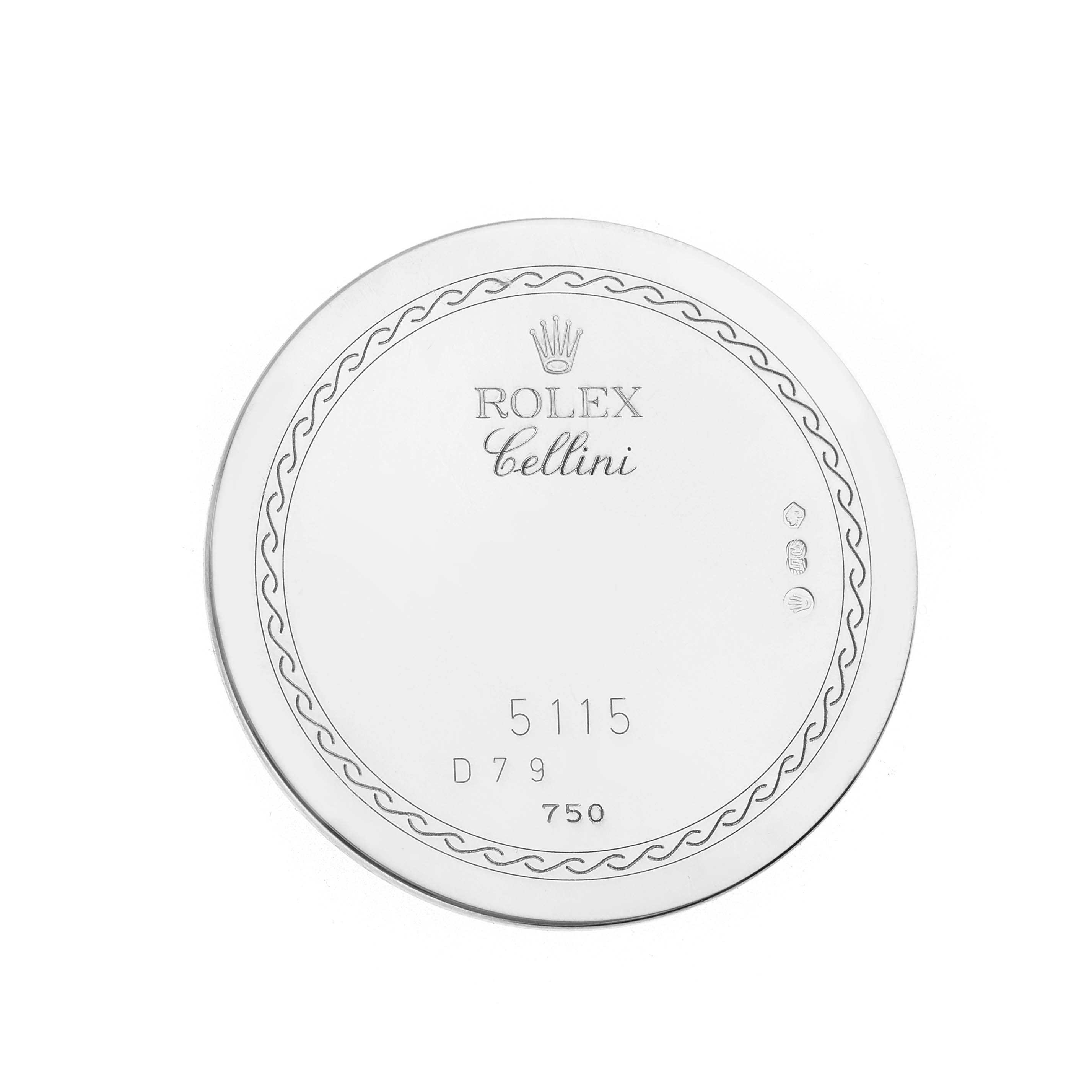 This image shows the case back of a Rolex Cellini 5115 Men's White Gold Mother of Pearl Dial watch, with engraved branding and model details.