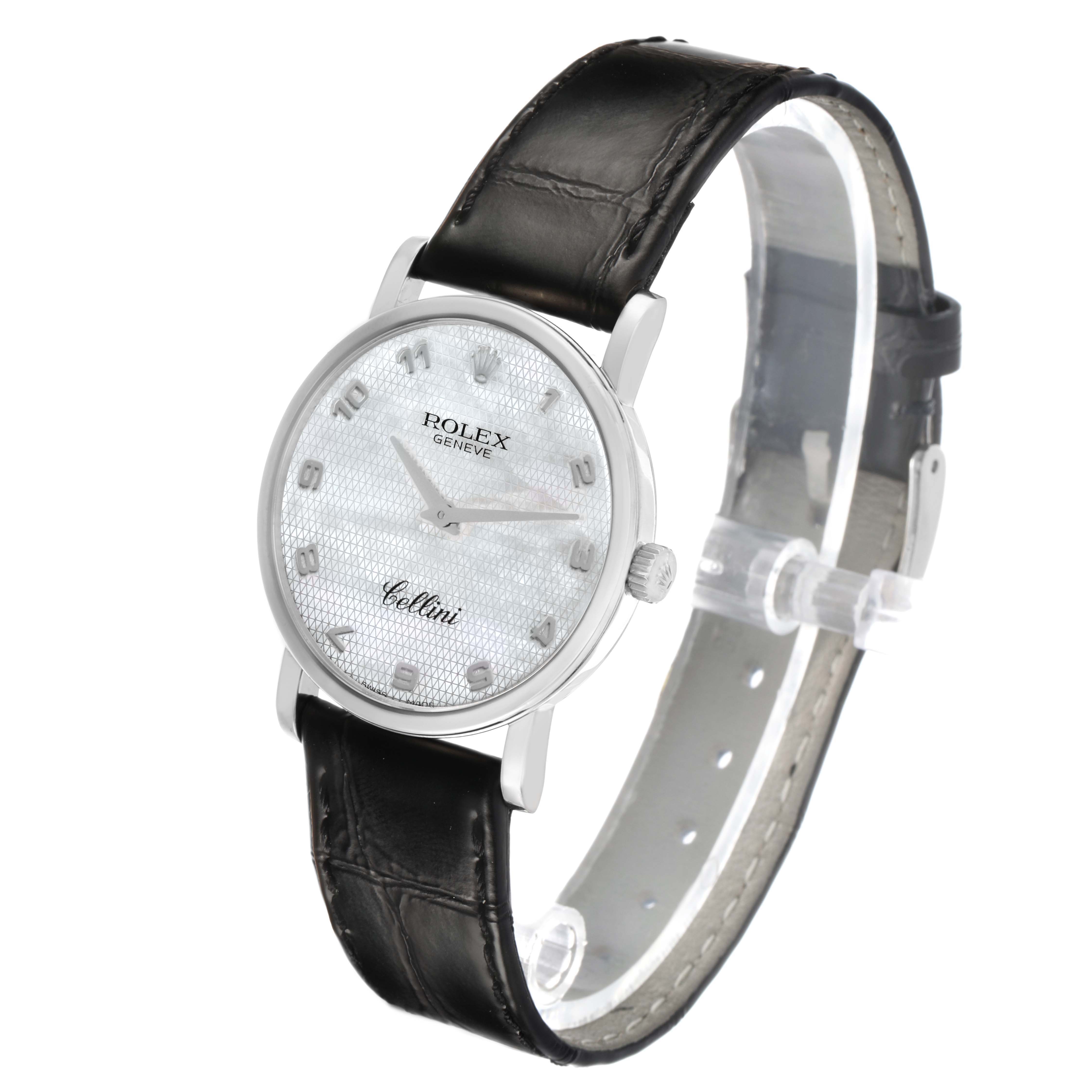 The Rolex Cellini 5115 Men's White Gold Mother of Pearl Dial watch is shown at a slight angle, displaying the face, black leather strap, and side crown.
