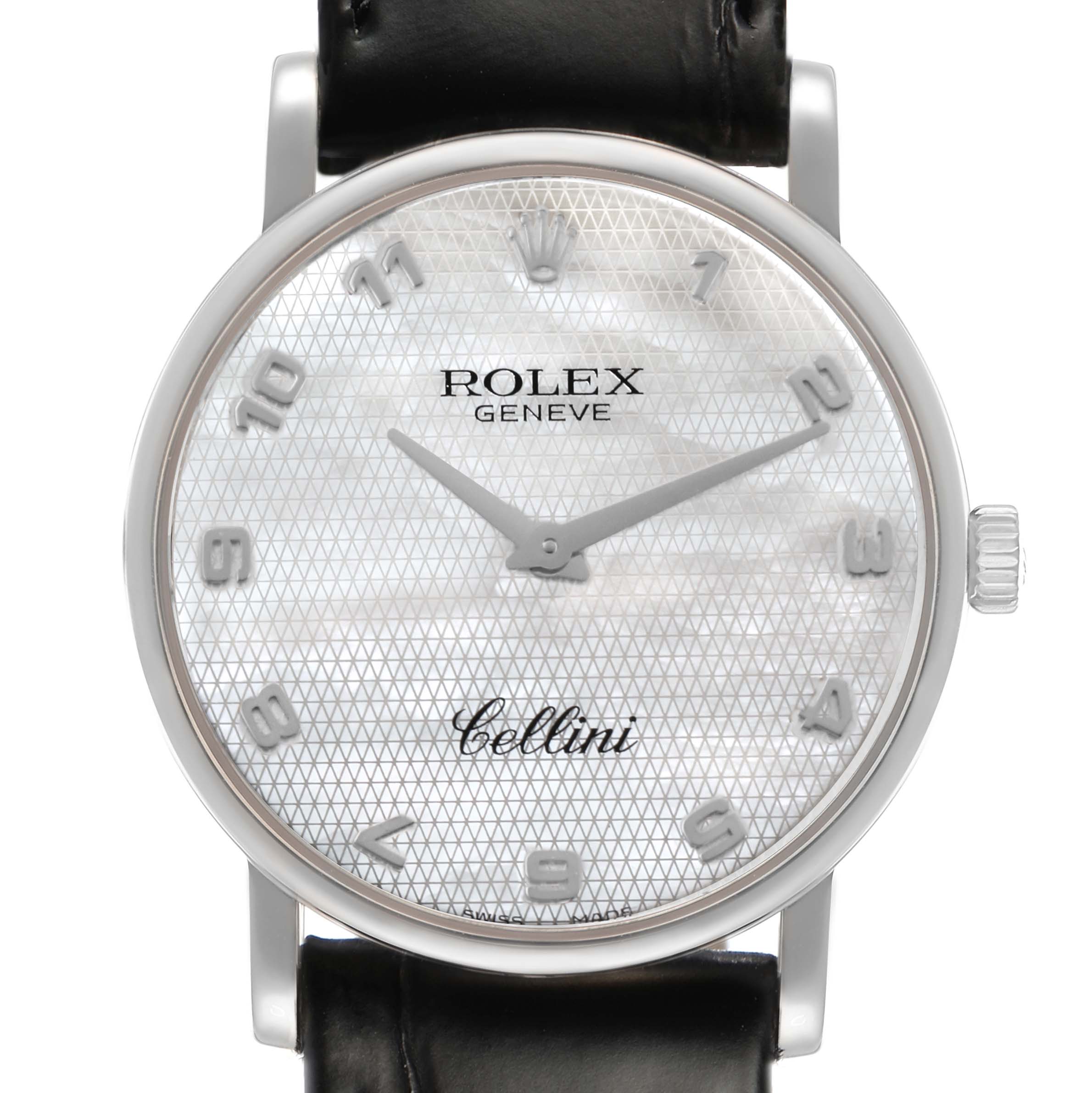 The Rolex Cellini 5115 Men's White Gold Mother of Pearl Dial watch is shown from the front, displaying the face, dial, hands, and part of the strap.