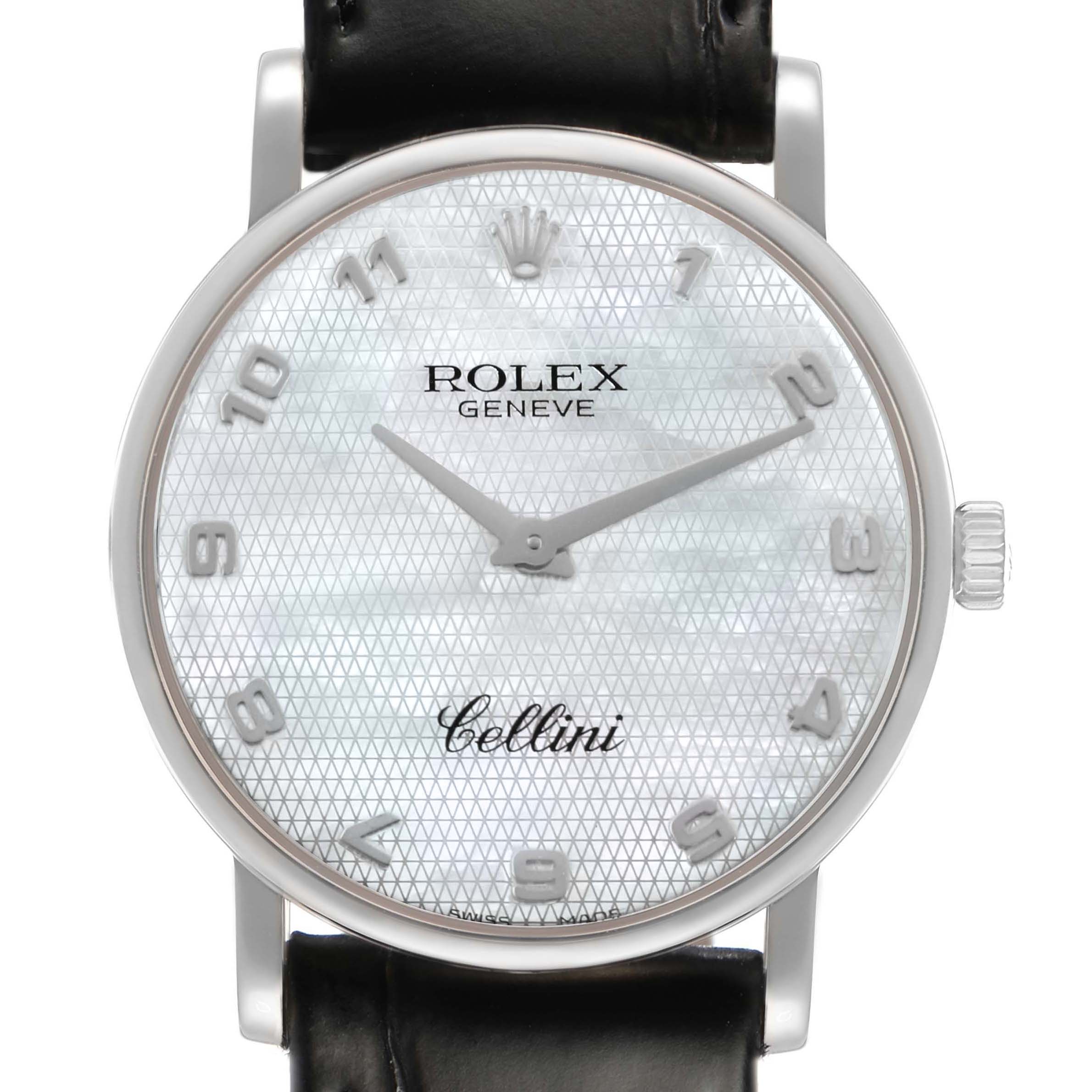 The Rolex Cellini 5115 Men's White Gold Mother of Pearl Dial watch is shown from a straight-on angle, highlighting the dial, hands, crown, and strap.