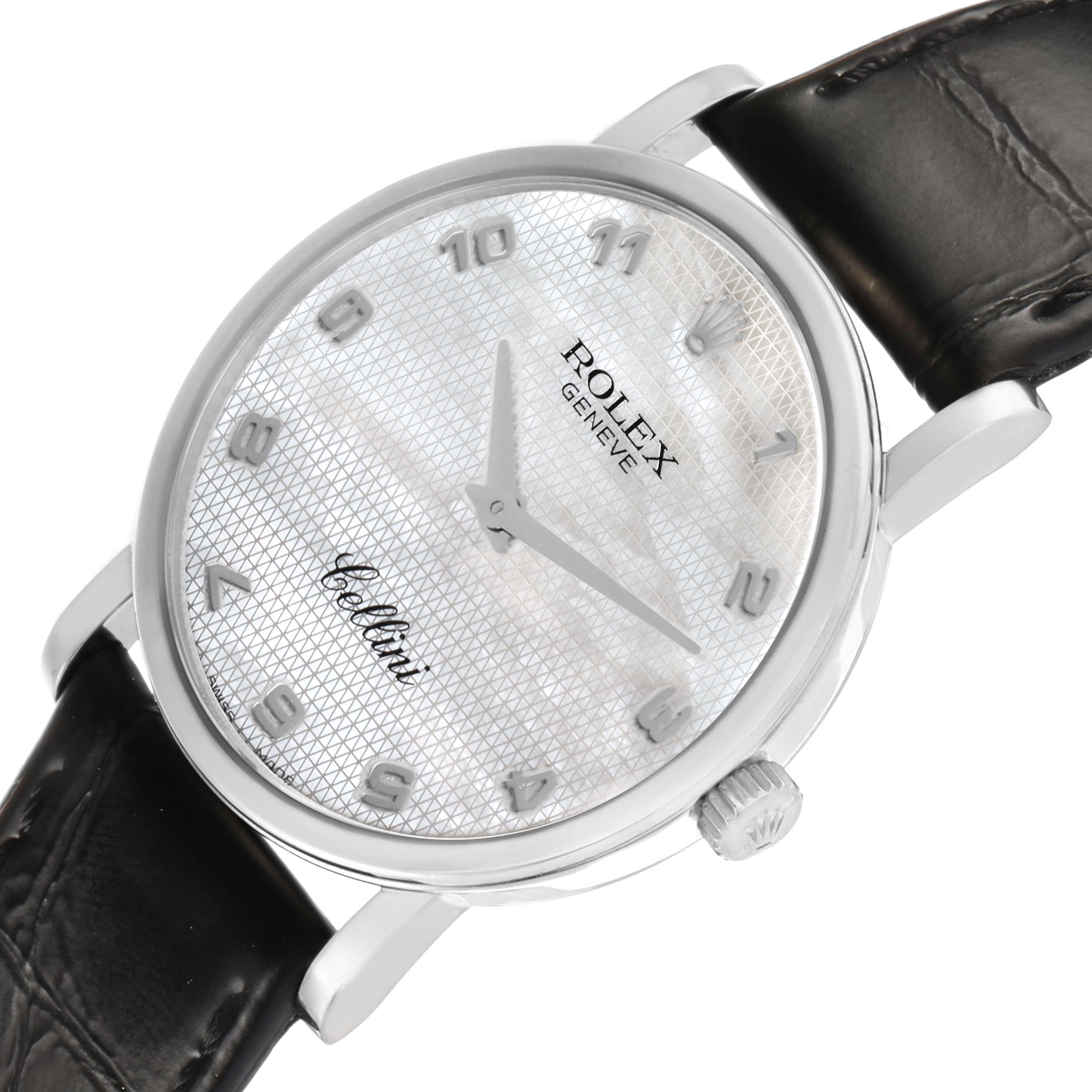 The Rolex Cellini 5115 Men's White Gold Mother of Pearl Dial watch is shown at a slight angle, displaying the face, crown, and leather strap.