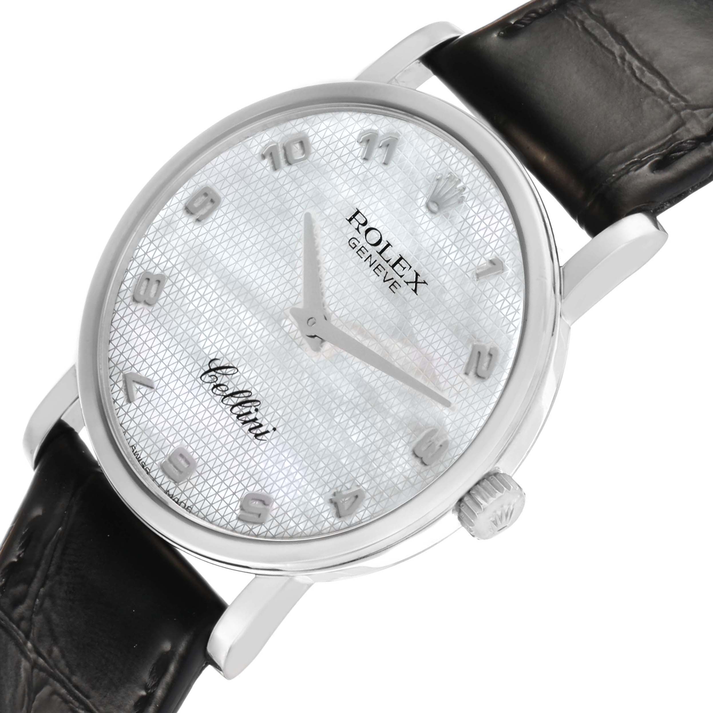 The Rolex Cellini 5115 Men's White Gold Mother of Pearl Dial watch is shown at an angle highlighting the face, crown, lugs, and part of the leather strap.
