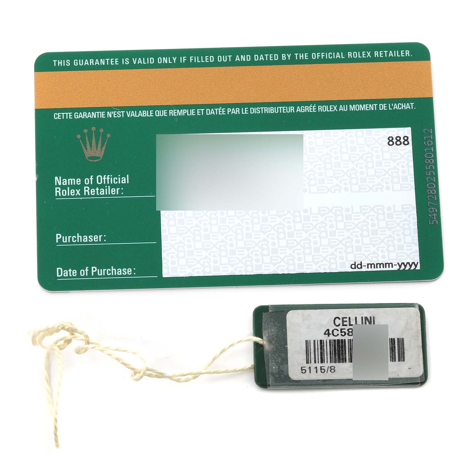 The image shows a green Rolex warranty card and a Cellini model tag with string, including some barcode details.