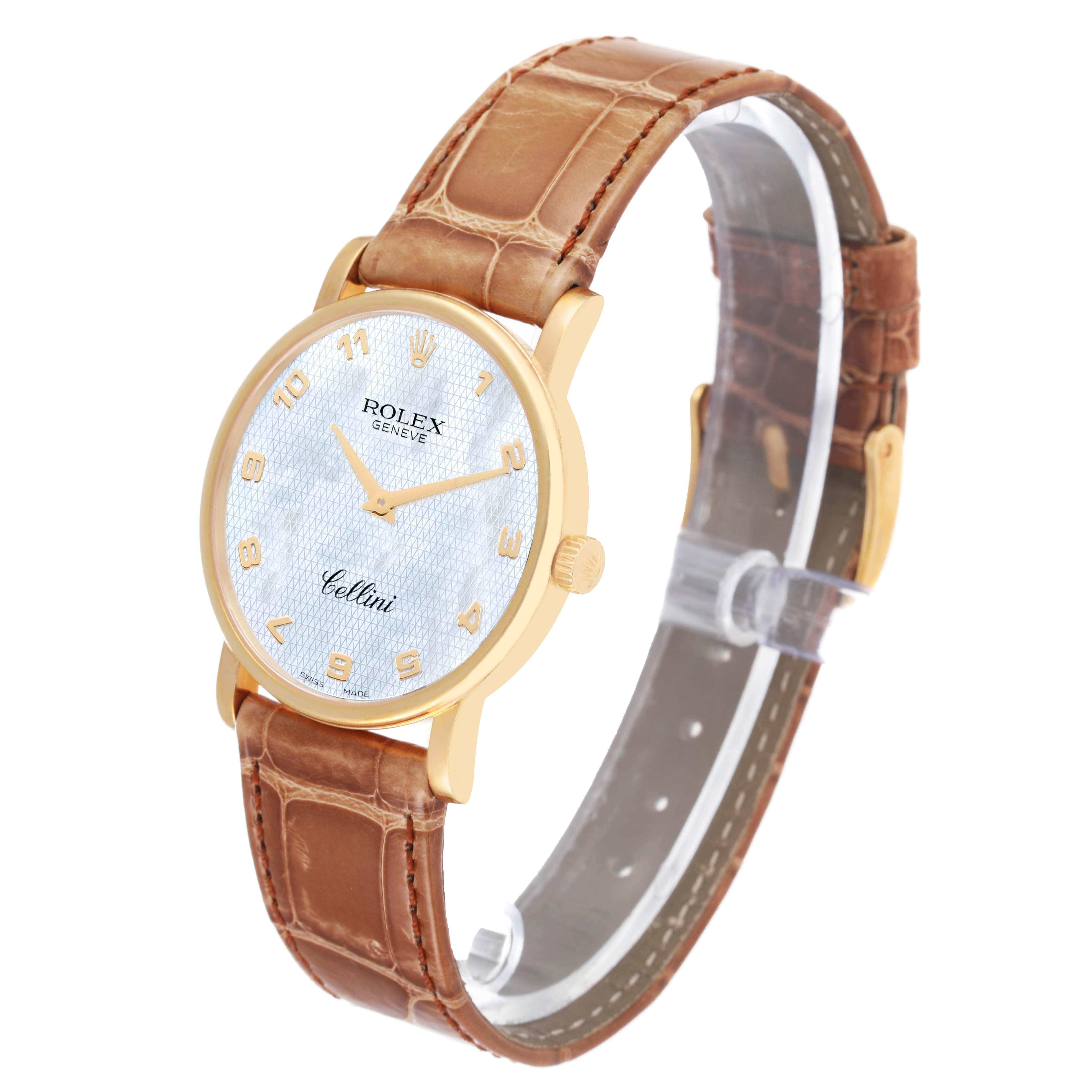 The image shows a Rolex Cellini 5115/8 Men's Yellow Gold Mother of Pearl Dial 5115/8 Men's Yellow Gold Mother of Pearl Dial watch angled to display the face, strap, and clasp.
