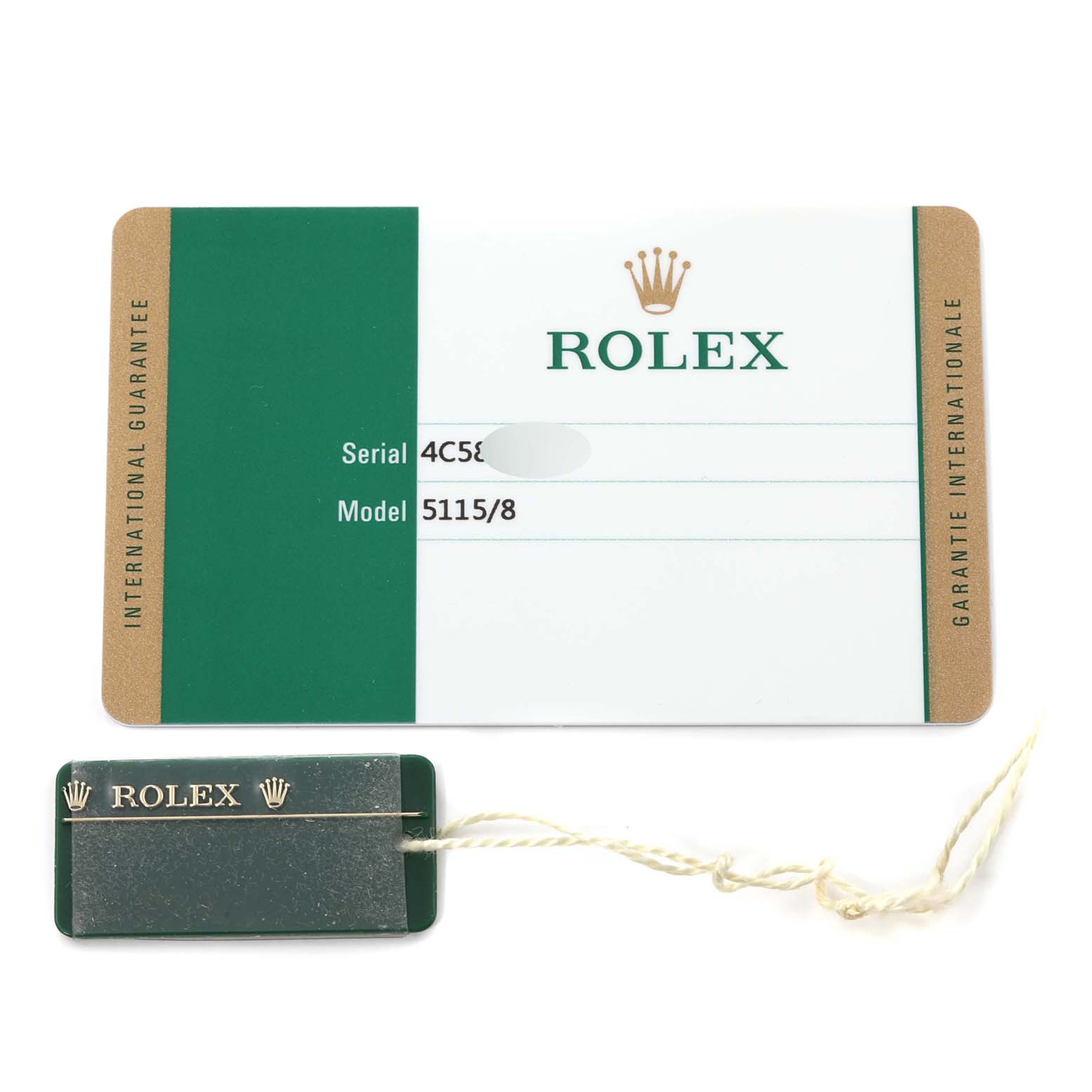 The image shows the guarantee card and tag for a Rolex Cellini 5115/8 Men's Yellow Gold Mother of Pearl Dial 5115/8 Men's Yellow Gold Mother of Pearl Dial model 5115/8 watch.