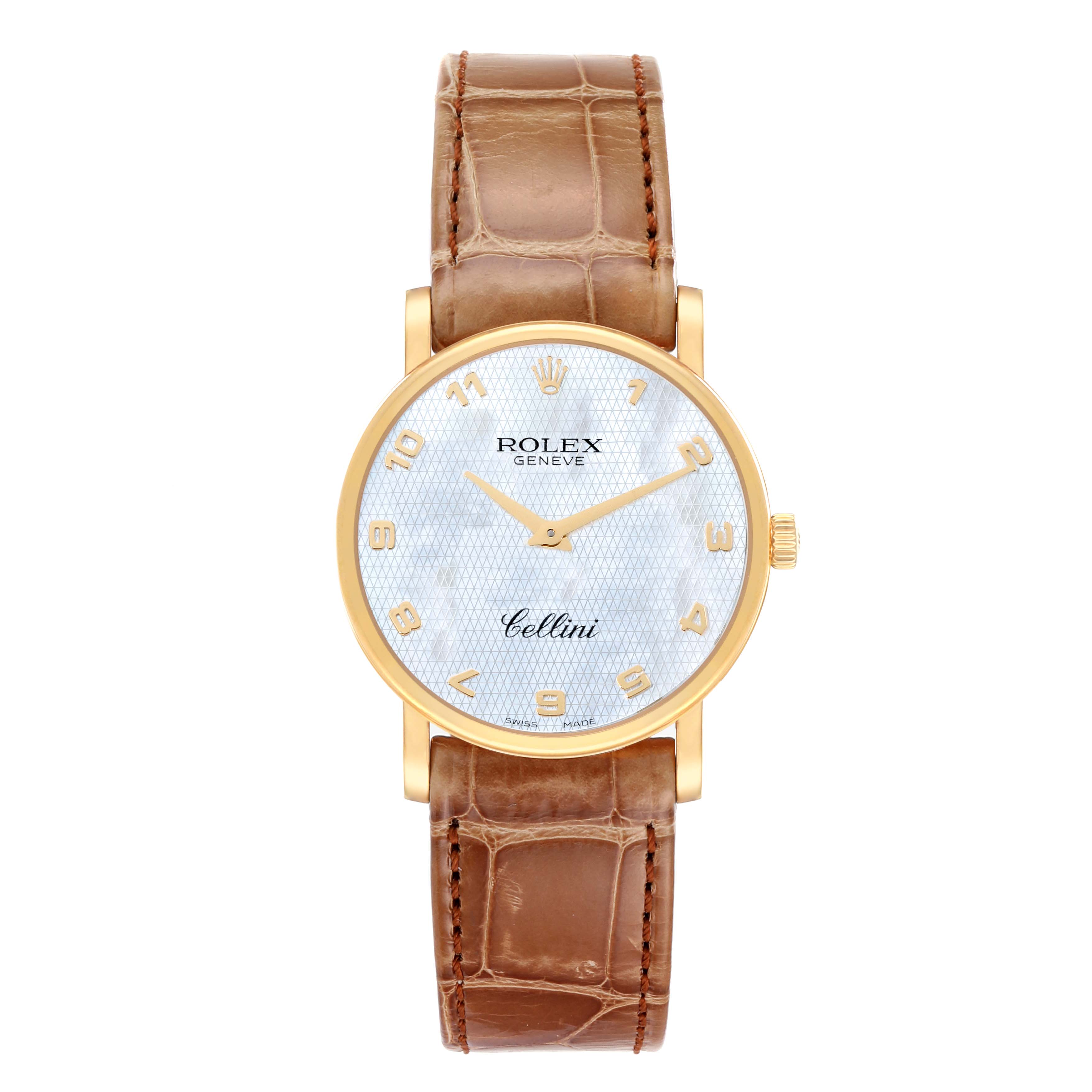 This image shows a front view of a Rolex Cellini 5115/8 Men's Yellow Gold Mother of Pearl Dial 5115/8 Men's Yellow Gold Mother of Pearl Dial watch featuring a white dial with gold numerals and a brown leather strap.