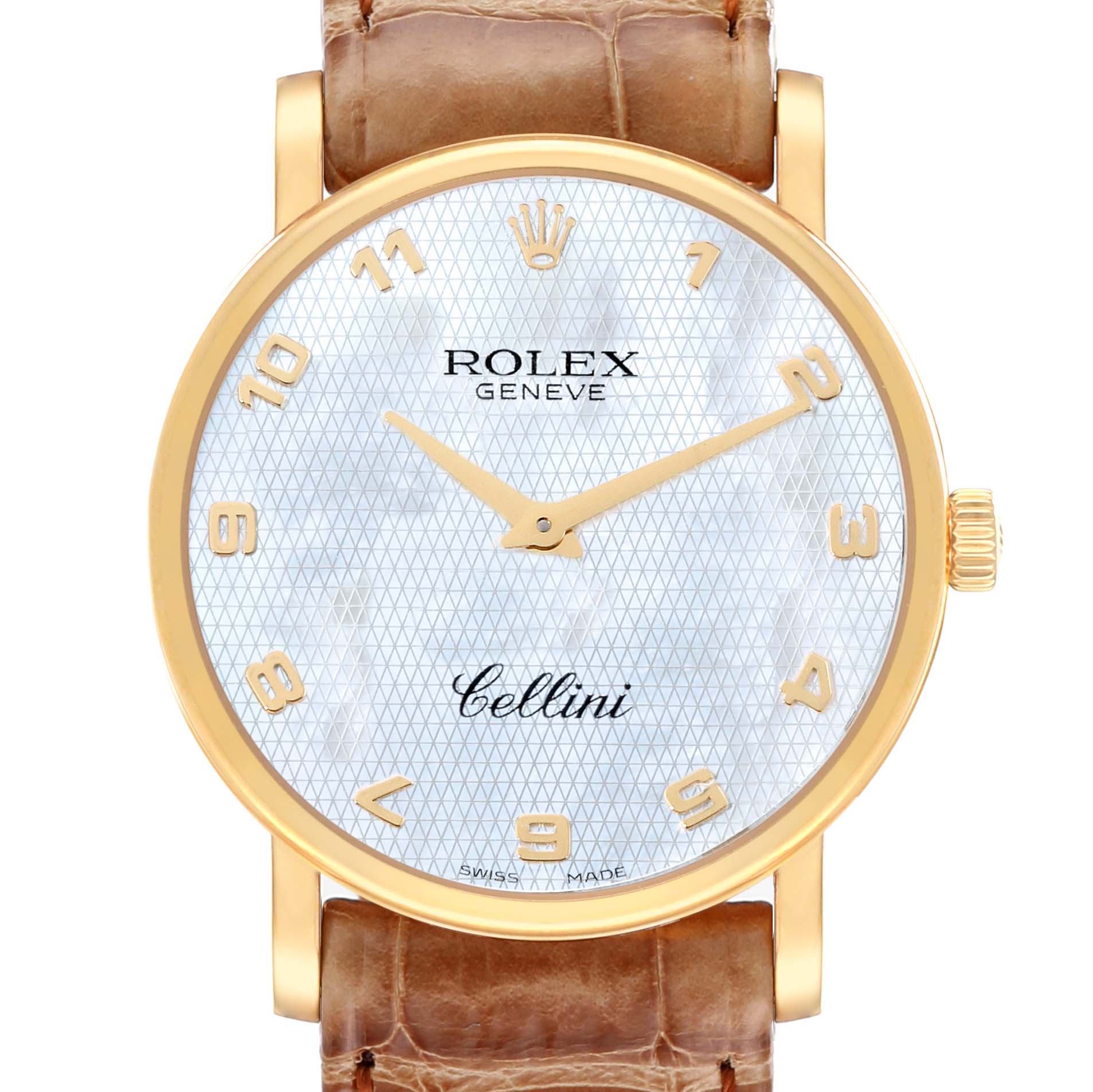 This image shows the front view of a Rolex Cellini 5115/8 Men's Yellow Gold Mother of Pearl Dial 5115/8 Men's Yellow Gold Mother of Pearl Dial watch, highlighting its face, dial, and leather strap.