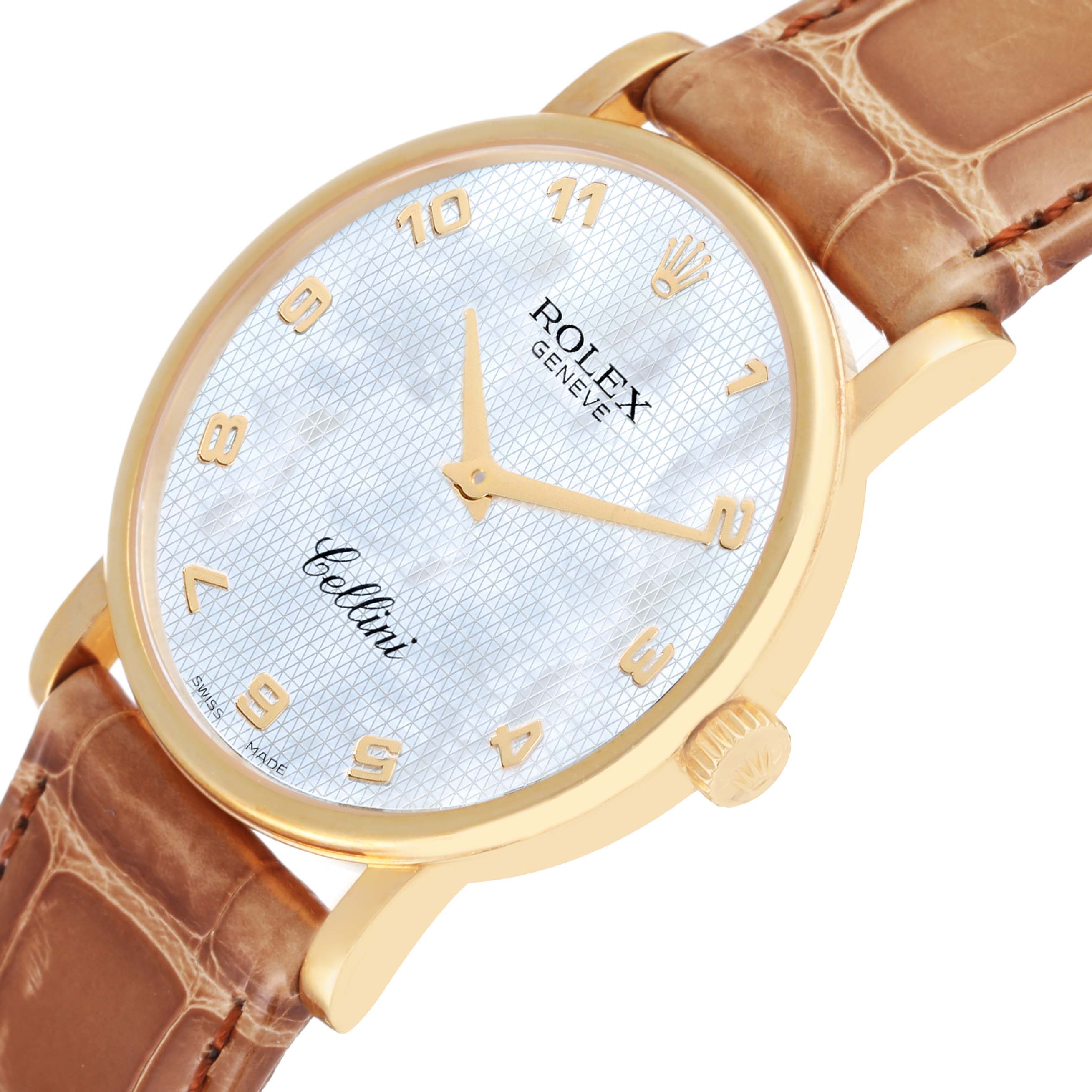 This image shows a close-up, angled view of a Rolex Cellini 5115/8 Men's Yellow Gold Mother of Pearl Dial 5115/8 Men's Yellow Gold Mother of Pearl Dial watch, highlighting the dial, hands, crown, and leather strap.