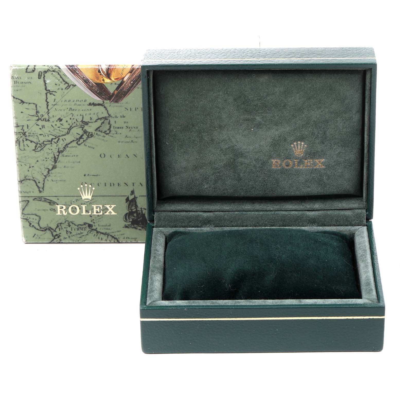 The image shows an open Rolex Date 15200 Men's Stainless Steel Silver Dial 15200 Men's Stainless Steel Silver Dial watch box, featuring green velvet lining and a closed map-themed outer packaging.