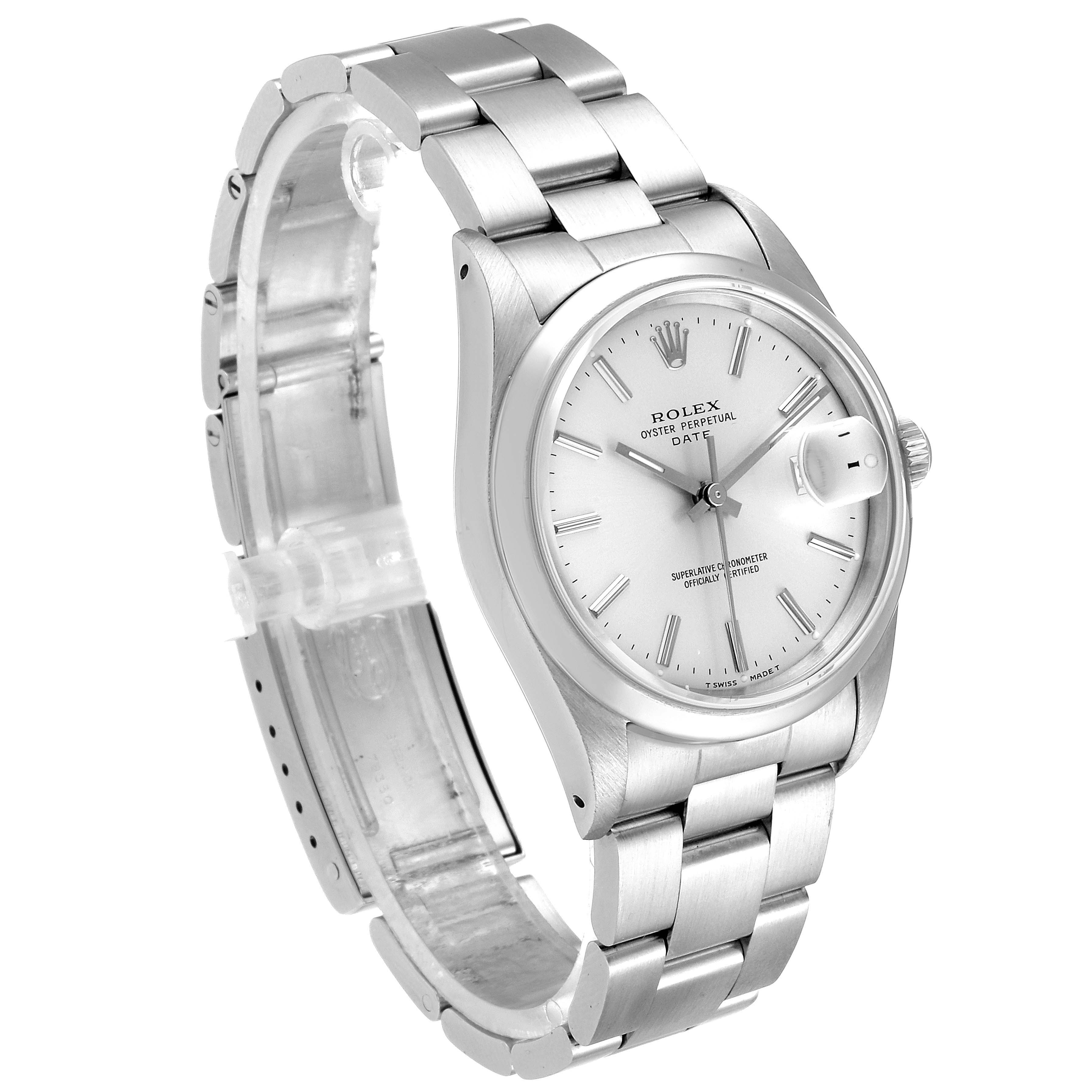 This image shows a side angle of a Rolex Date 15200 Men's Stainless Steel Silver Dial 15200 Men's Stainless Steel Silver Dial model, highlighting its white dial, hour markers, and stainless steel bracelet.