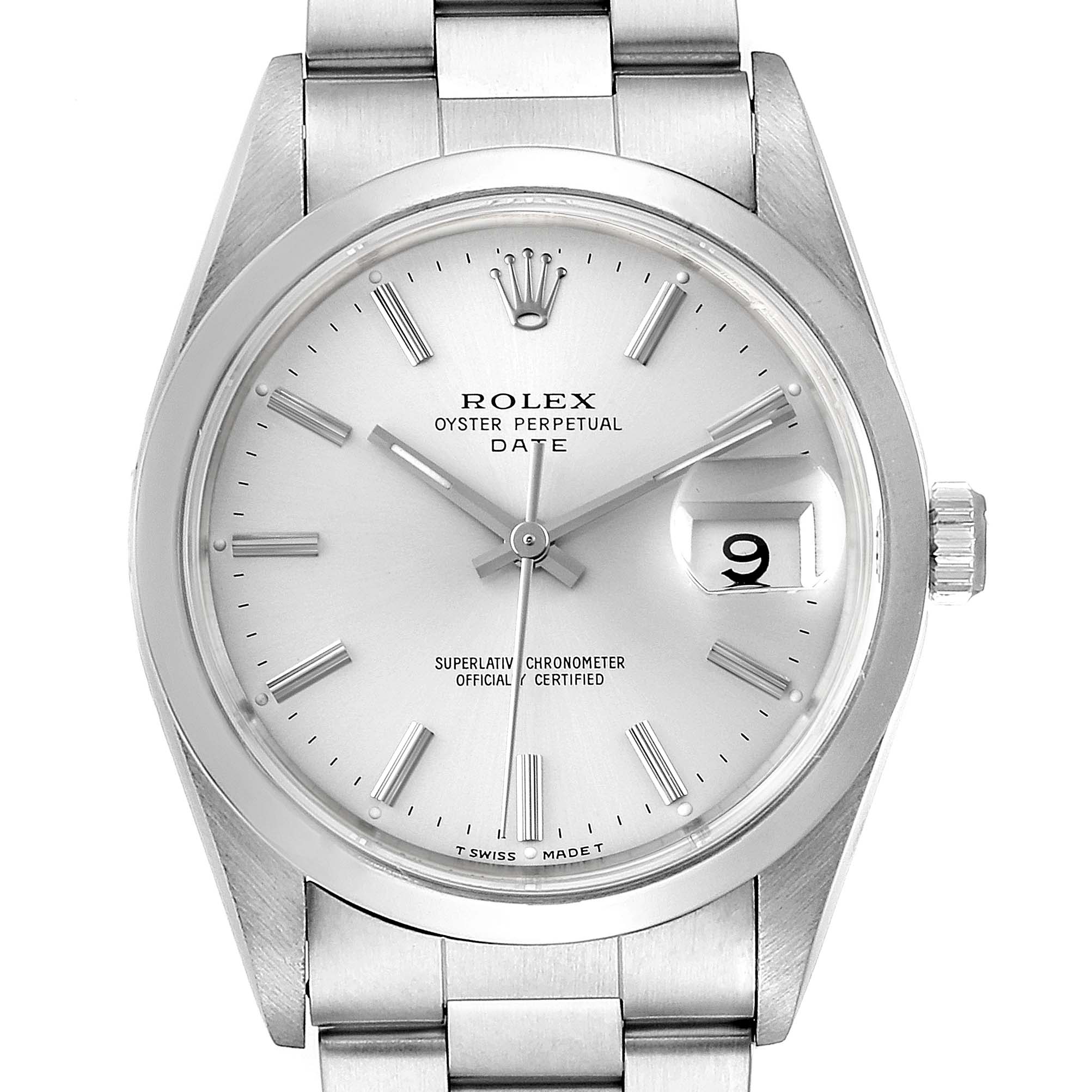 The image shows a front-facing view of a Rolex Oyster Perpetual Date watch, including the face, date display, and part of the bracelet.