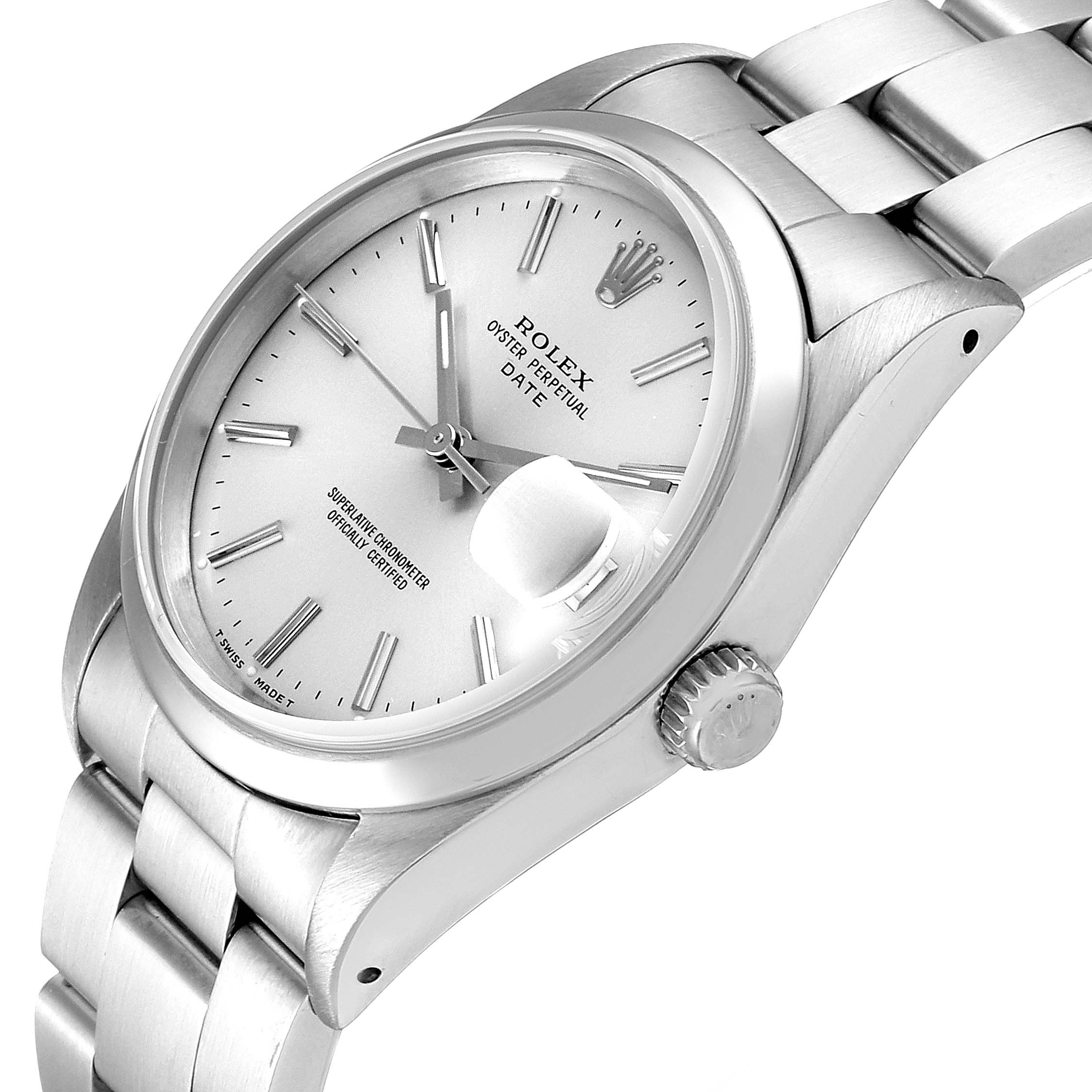 The image shows a Rolex Date 15200 Men's Stainless Steel Silver Dial 15200 Men's Stainless Steel Silver Dial model watch at an angle highlighting the dial, crown, case, and part of the bracelet.