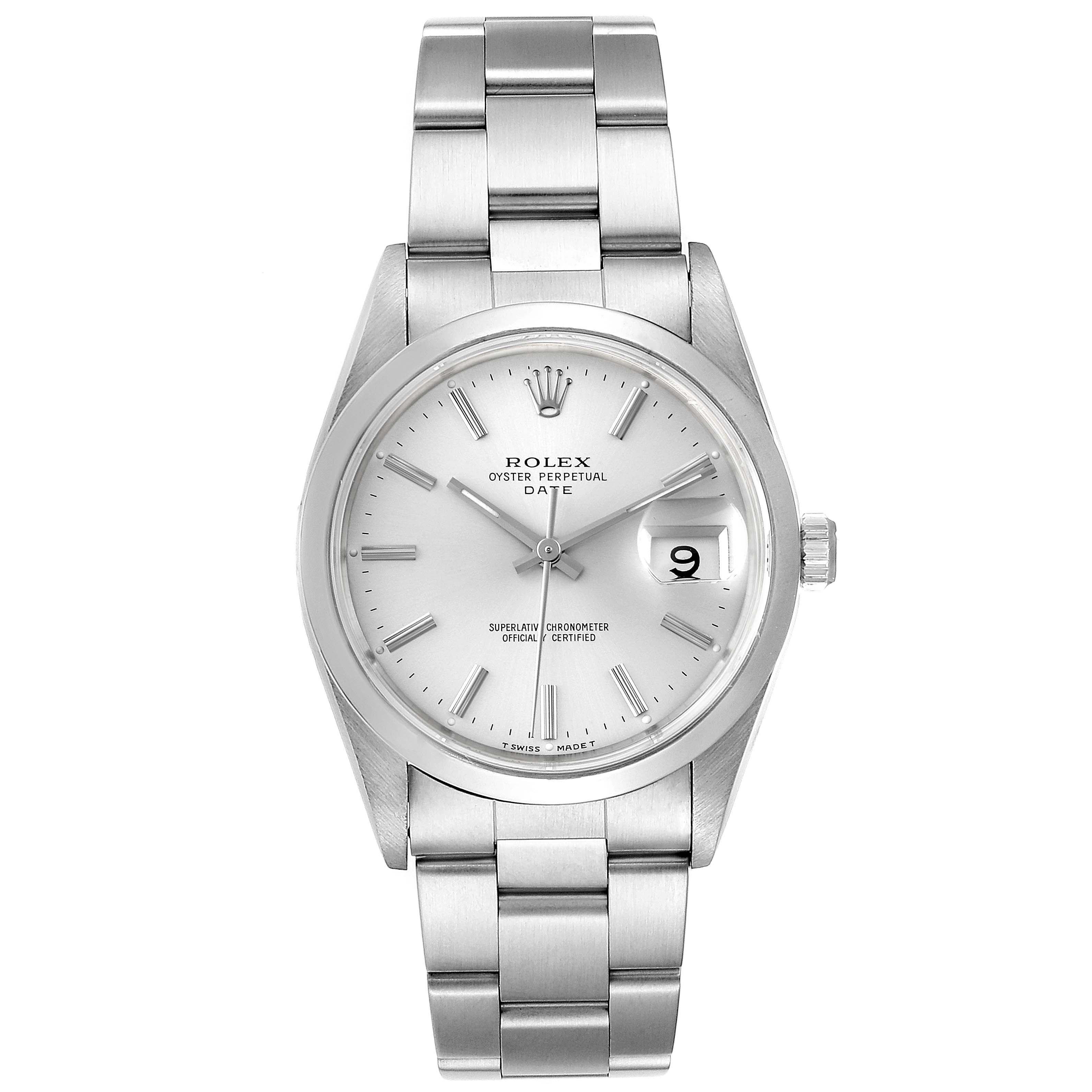 This image shows a front view of a Rolex Date 15200 Men's Stainless Steel Silver Dial 15200 Men's Stainless Steel Silver Dial model watch, displaying the dial, hands, case, band, and date window.