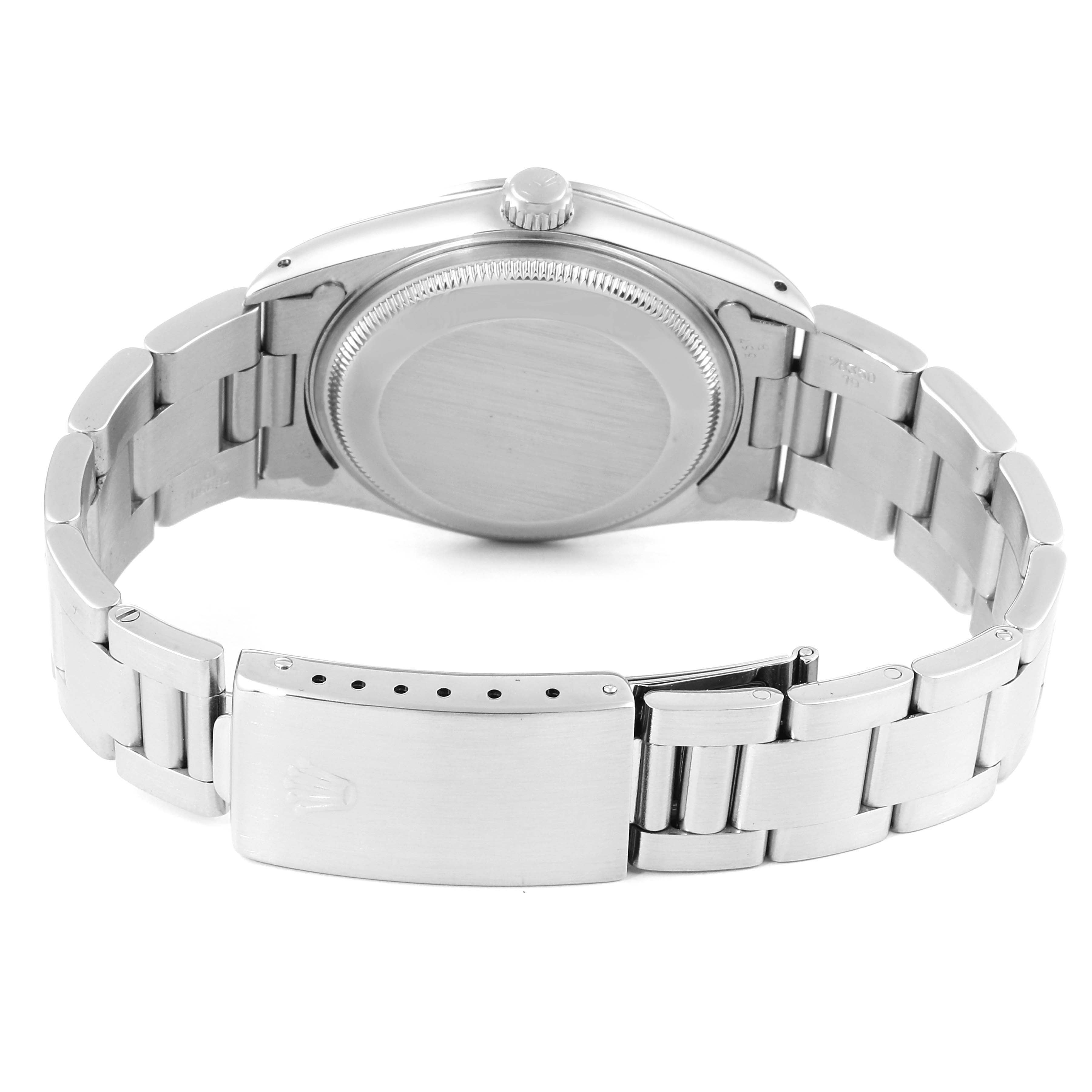 The image shows the back case and bracelet of a Rolex Date 15200 Men's Stainless Steel Silver Dial 15200 Men's Stainless Steel Silver Dial model watch from a rear angle.