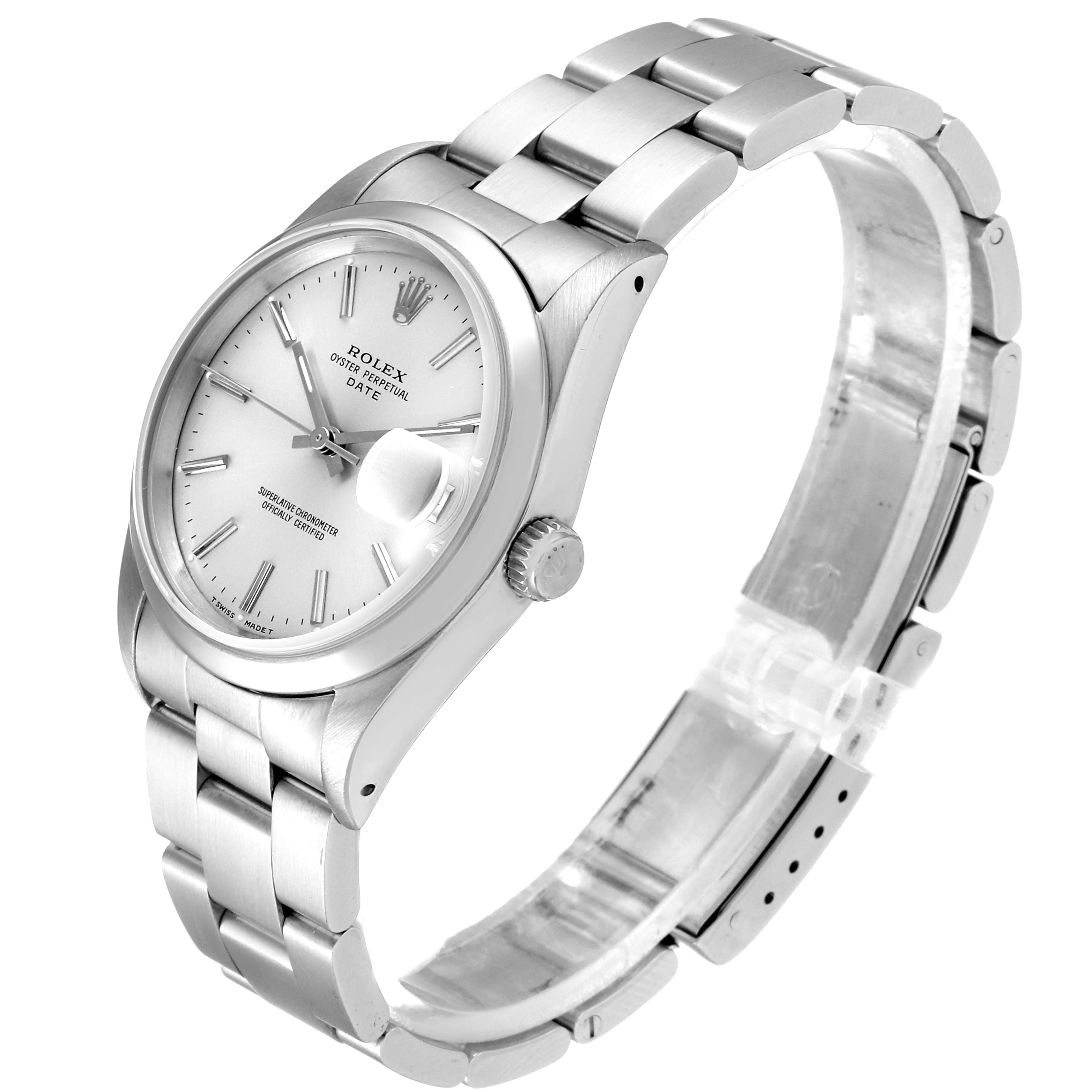 The image shows a Rolex Date 15200 Men's Stainless Steel Silver Dial 15200 Men's Stainless Steel Silver Dial model watch at a three-quarter angle, highlighting its face, bracelet, and crown.